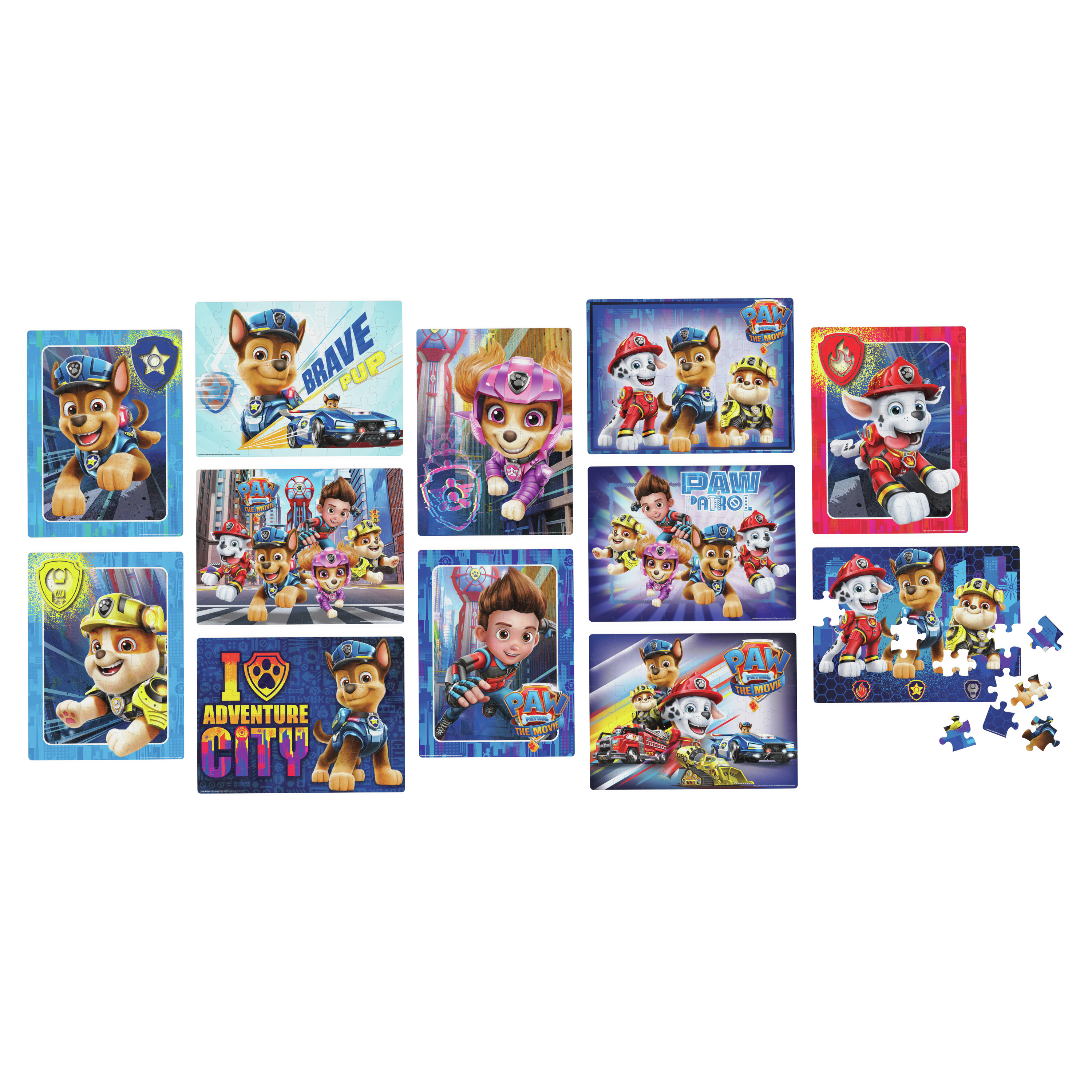 Wiele obrazów z puzzlami Paw Patrol. Każdy obraz ma inną postać z Paw Patrol.