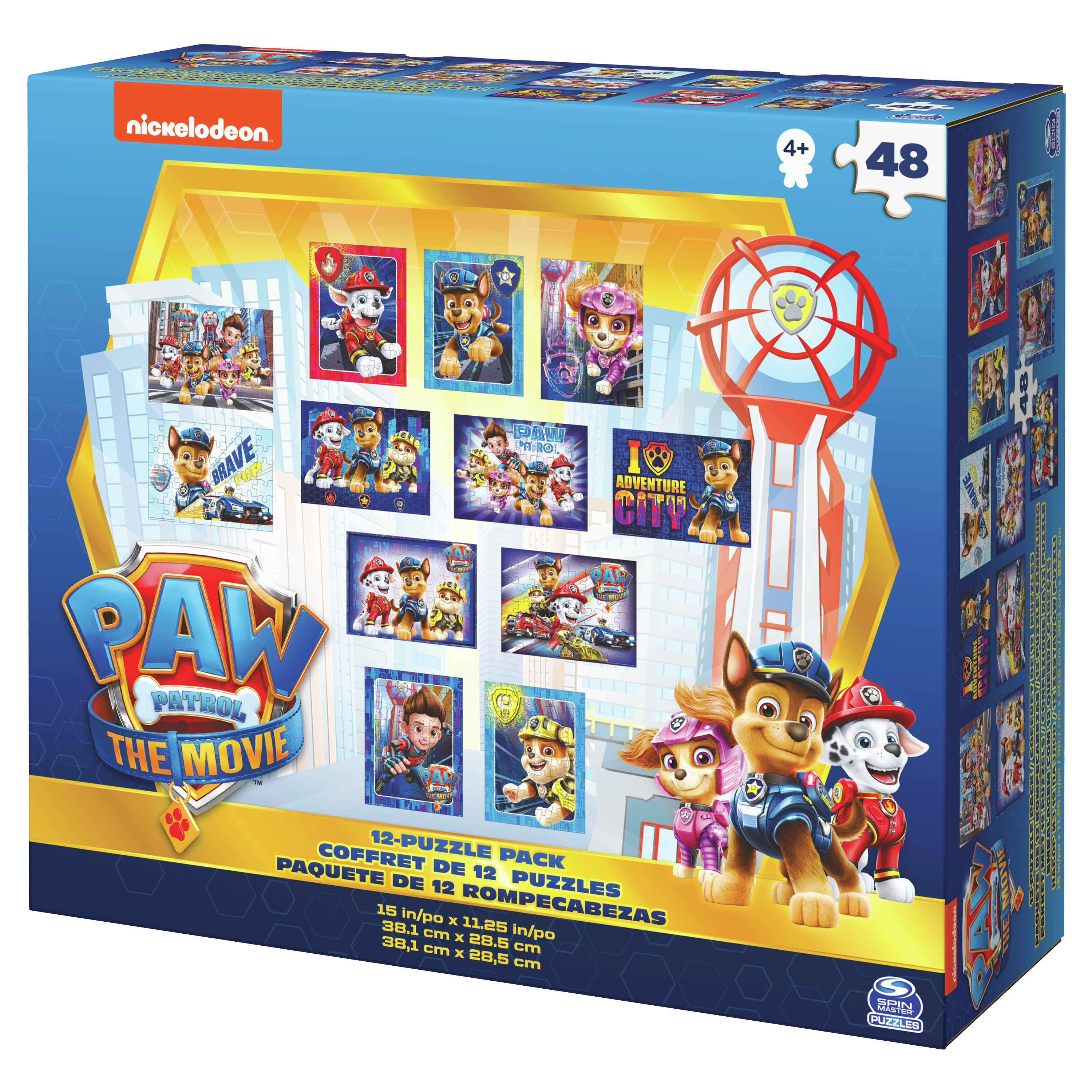Pudełko z puzzlami z filmu Paw Patrol, z postaciami i tłem miejskim.