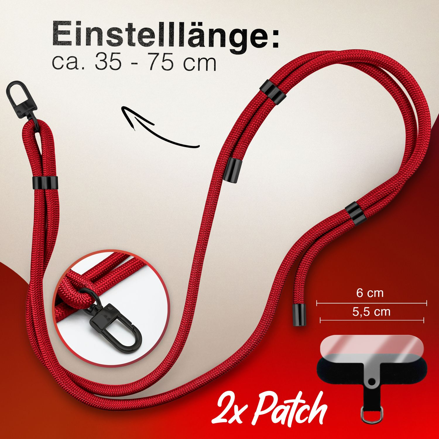 Rotes Handy-Lanyard mit schwarzen Clips. Die Länge ist verstellbar, mit 2x Patch. Text beschreibt Länge.
