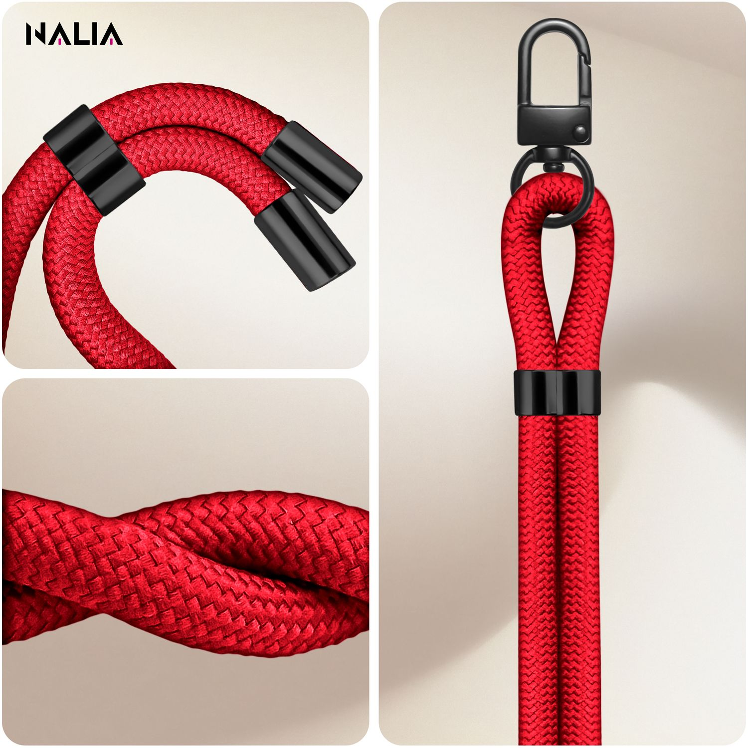 Nahaufnahmen eines roten Telefon-Lanyards mit schwarzen Anschlüssen, die Details der Seilstruktur zeigen.