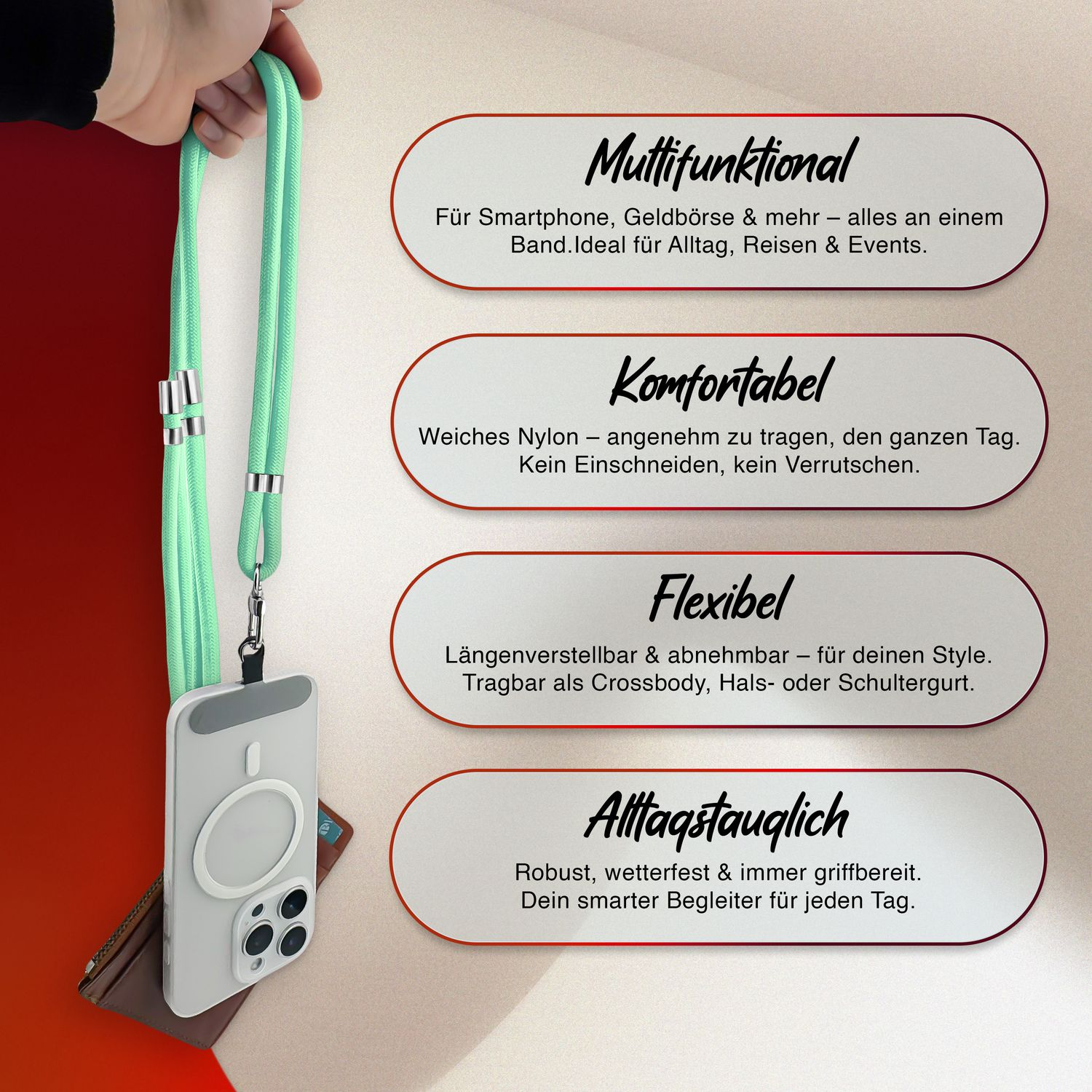 Hand, die einen grünen Telefonriemen mit einem daran befestigten Telefon hält, mit Textbeschreibungen rechts.