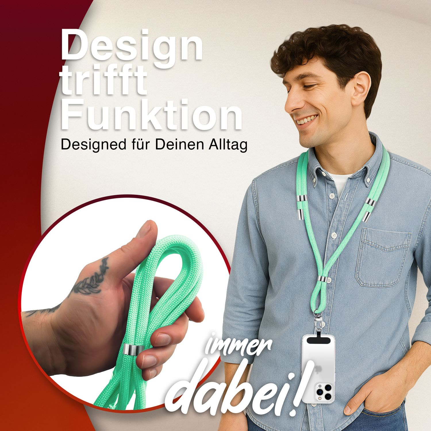 Mann hält ein mintgrünes Telefon-Lanyard. Das Lanyard ist um seinen Hals, mit Text.