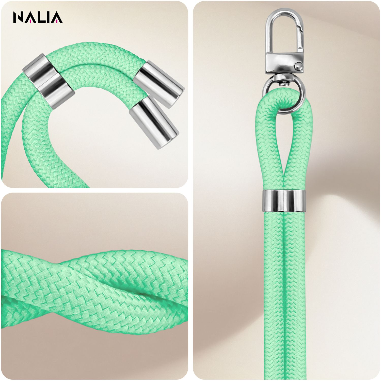 Nahaufnahmen von einem mintgrünen Telefon-Lanyard mit silbernen Verbindern, die die geflochtene Seilstruktur zeigen.