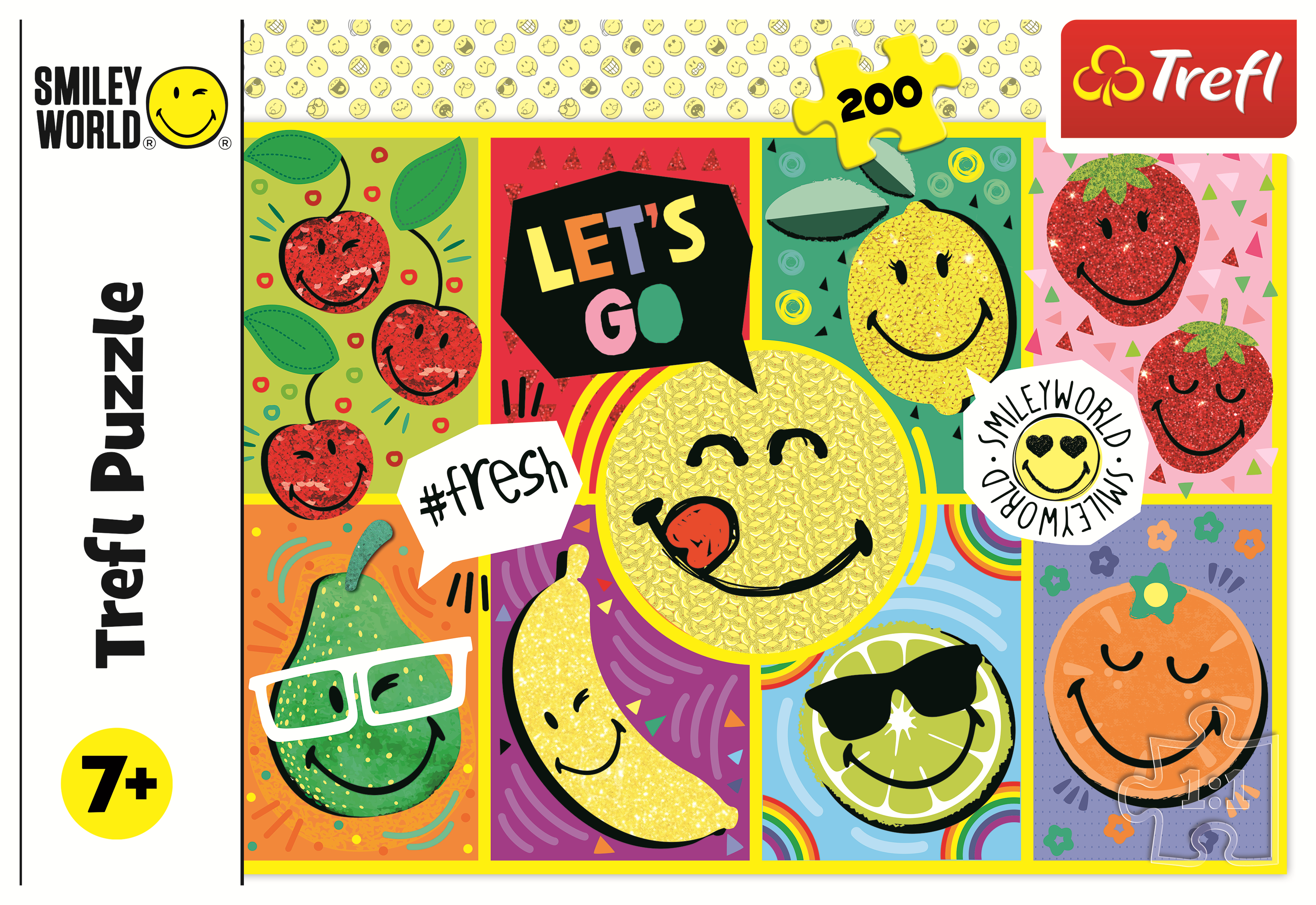 Una scatola di puzzle Trefl. Contiene faccine sorridenti e frutta. Dice 7+ e ha 200 pezzi.