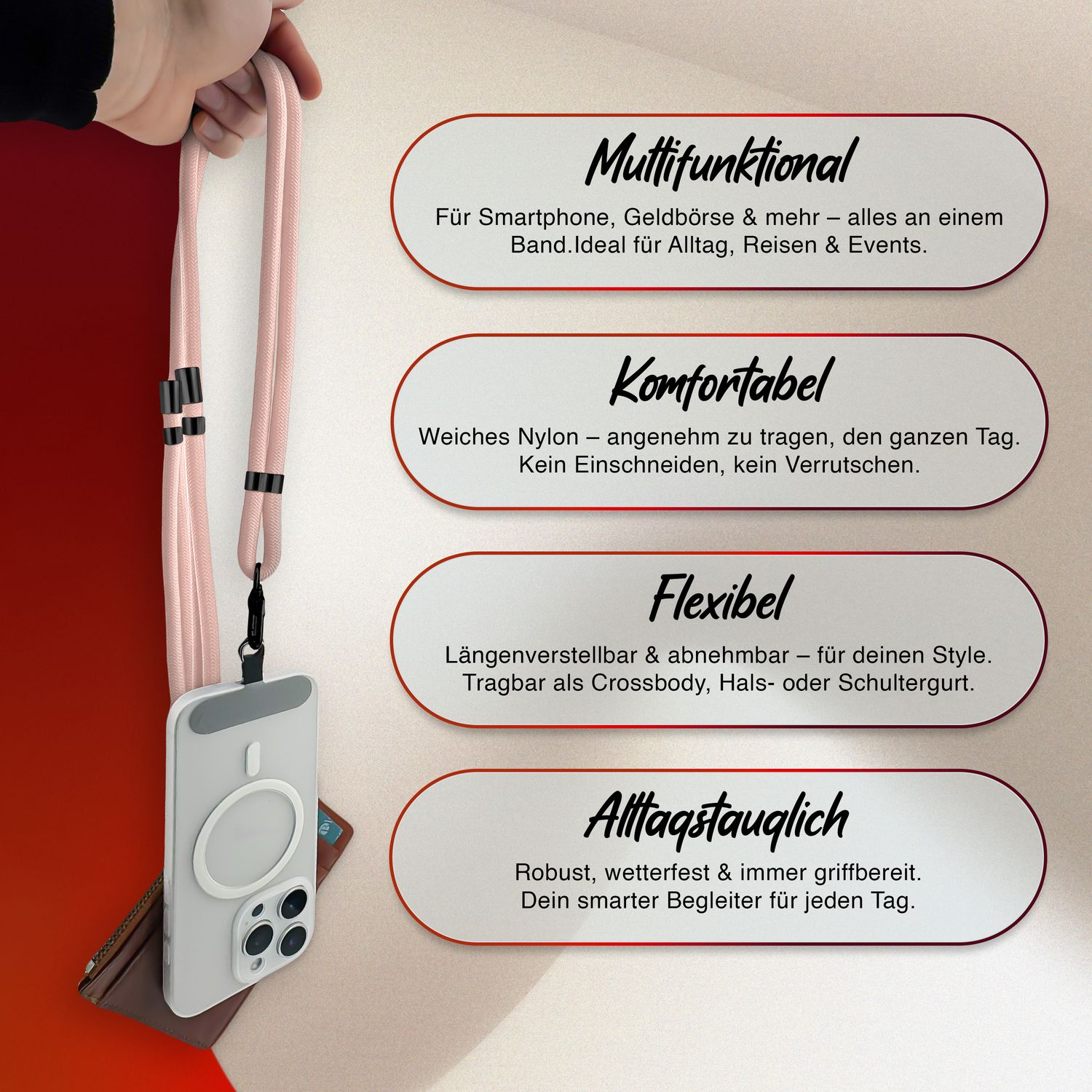 Eine Person hält ein Telefon mit einem rosa Lanyard. Text mit Informationen über das Produkt daneben.
