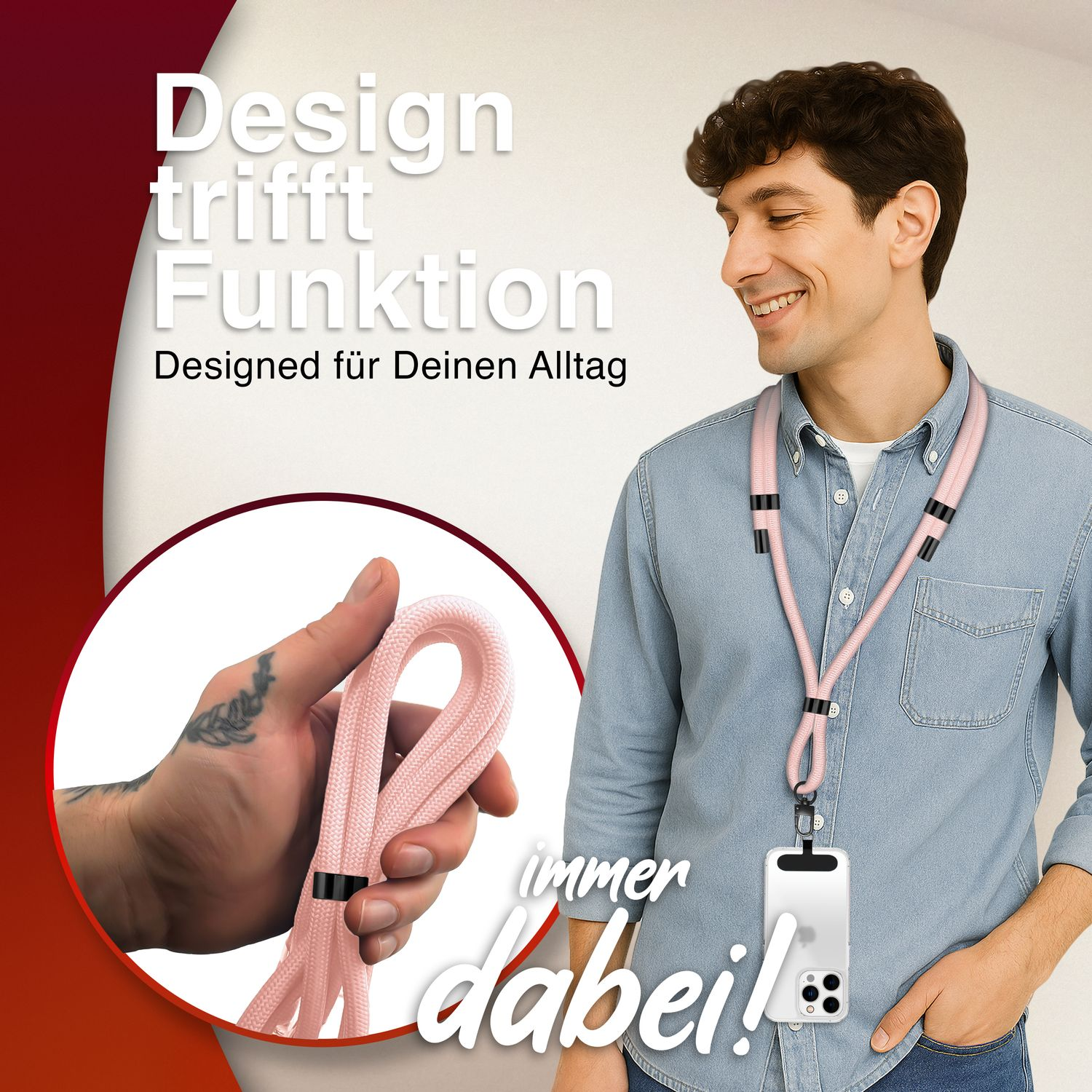 Ein Mann hält eine rosa Handyschlaufe mit einem Handy, der Text lautet Design trifft Funktion.