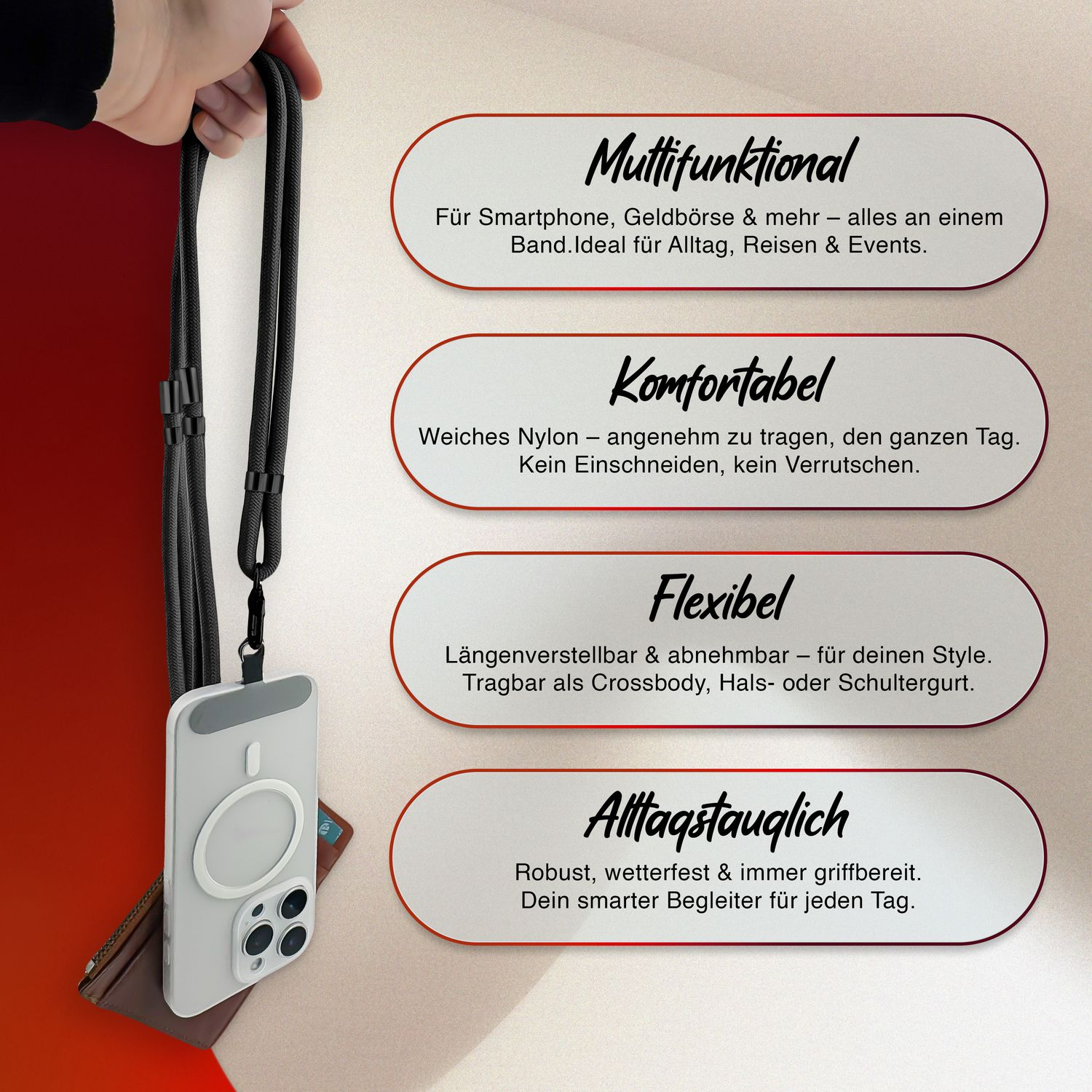 Nahaufnahme von Telefon-Lanyard, Telefon und Brieftasche. Text beschreibt Funktionen: Multifunktional, bequem, flexibel.