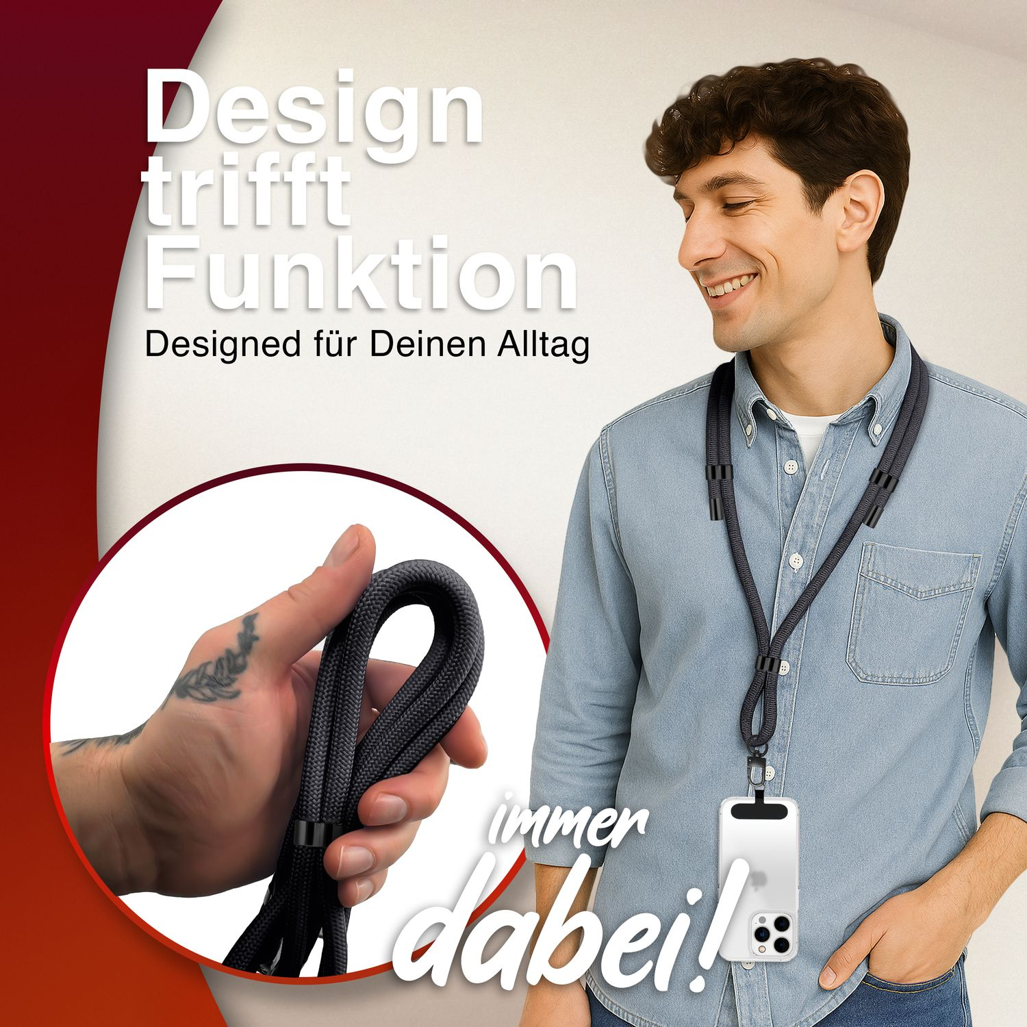 Ein Mann hält eine schwarze Handyschlaufe mit einem Handy, der Text lautet Design trifft Funktion.
