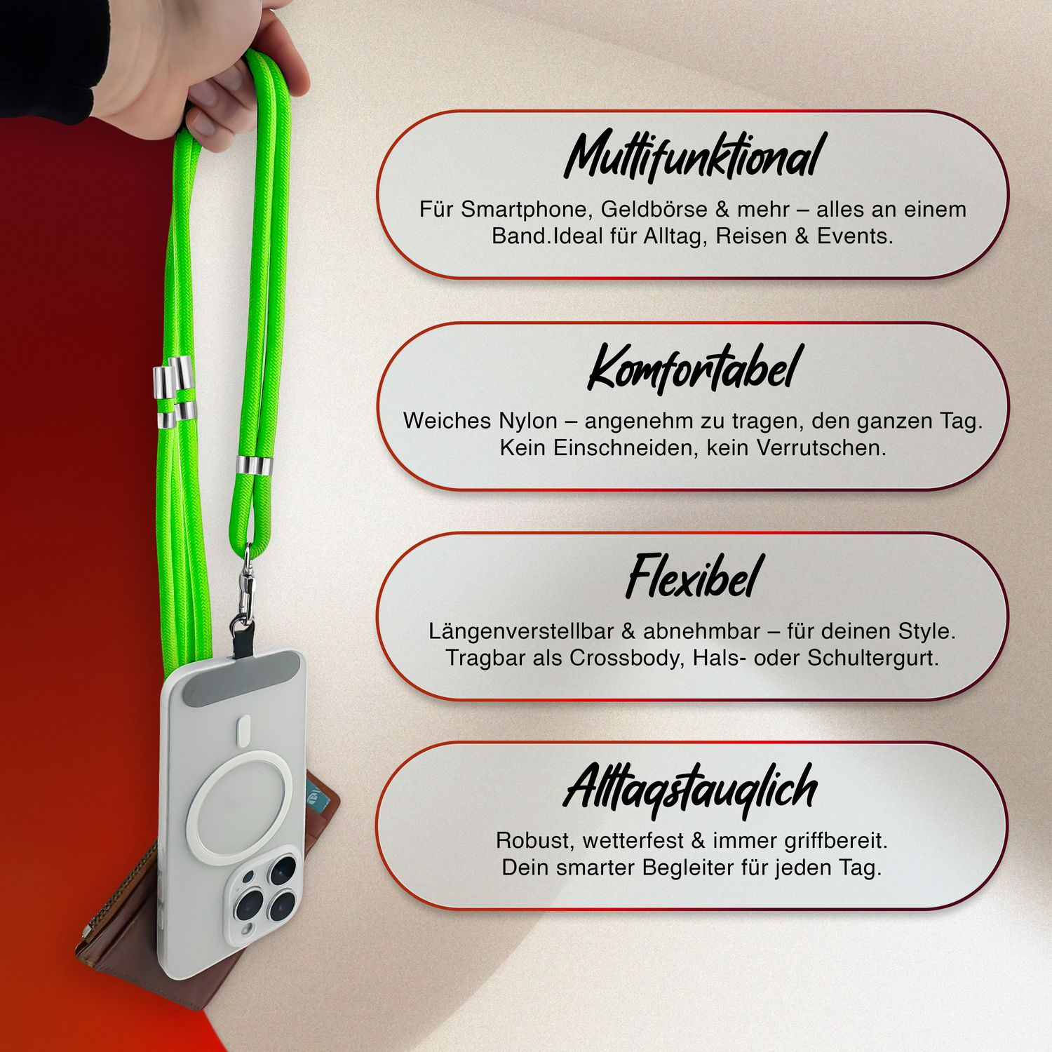 Grünes Schlüsselband mit Handyhülle und Karte. Text rechts beschreibt die Funktionen.