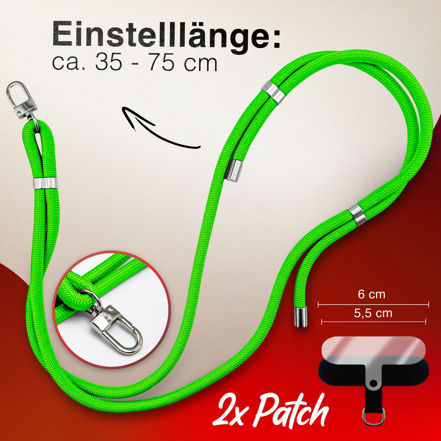 Grünes Telefon-Lanyard mit silbernen Akzenten und verstellbarer Länge, mit schwarzem Telefon-Patch.