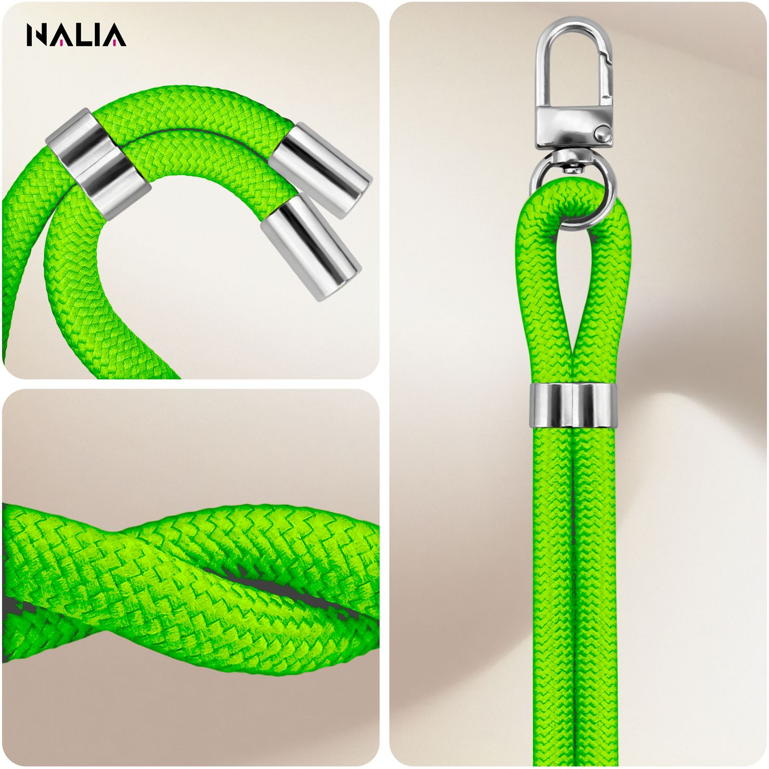 Nahaufnahmen eines neongrünen Telefon-Lanyards mit silbernen Metallenden und einem Clip. Auf weißem Hintergrund.