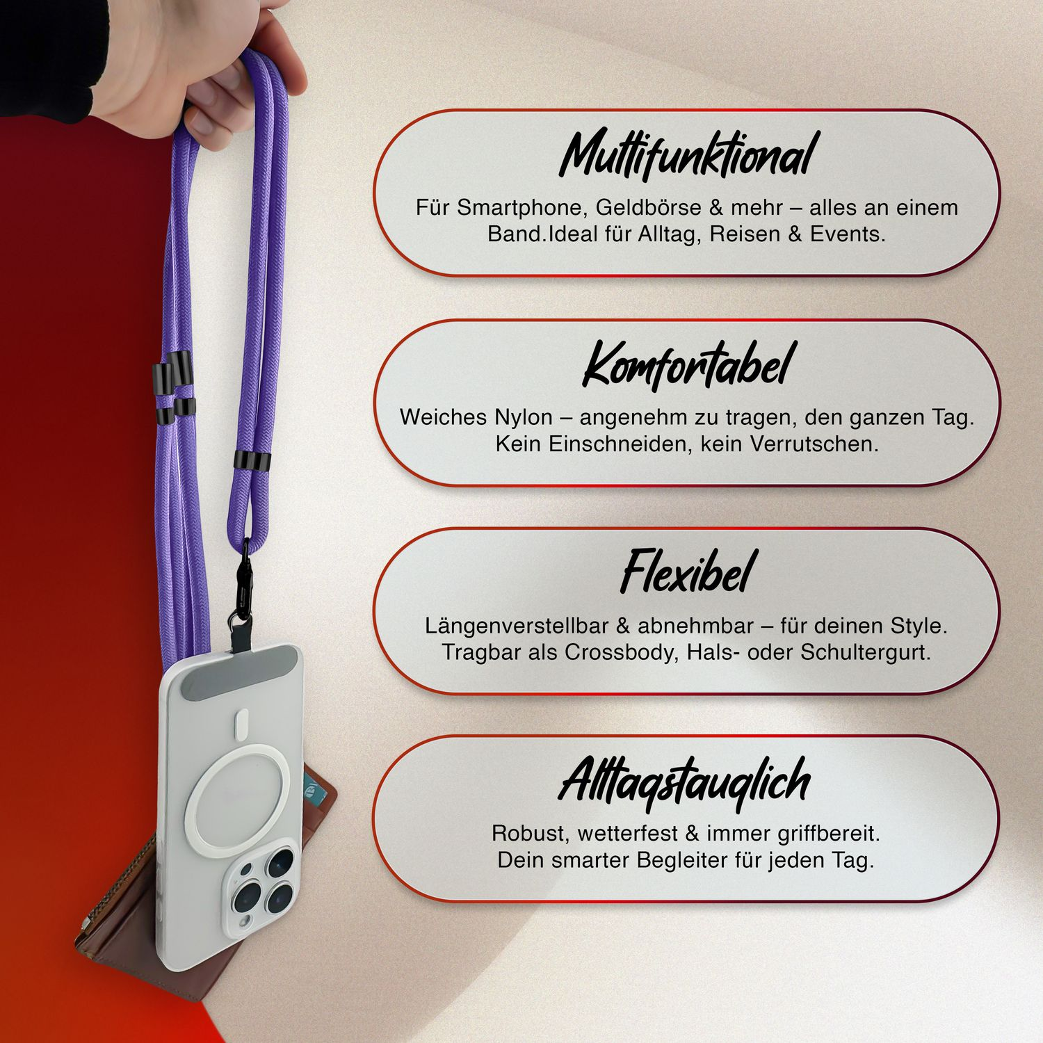 Eine Hand, die ein Telefon mit einem lila Lanyard hält, mit Text über die Eigenschaften des Lanyards.