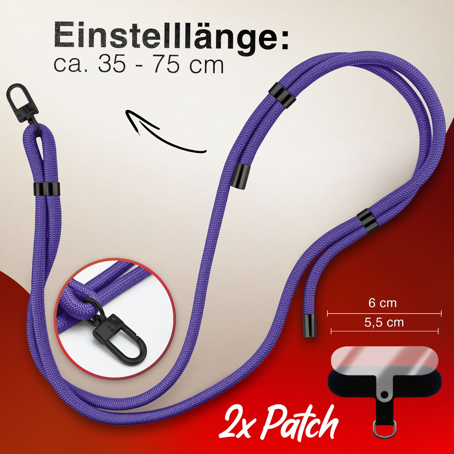 Lila Handyband mit schwarzen Aufsätzen und schwarzem Patch mit Maßen.