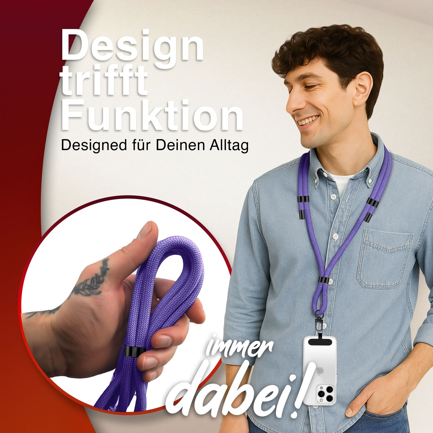 Mann mit lila Telefon-Umhängeband. Text auf Deutsch: Design trifft Funktion.