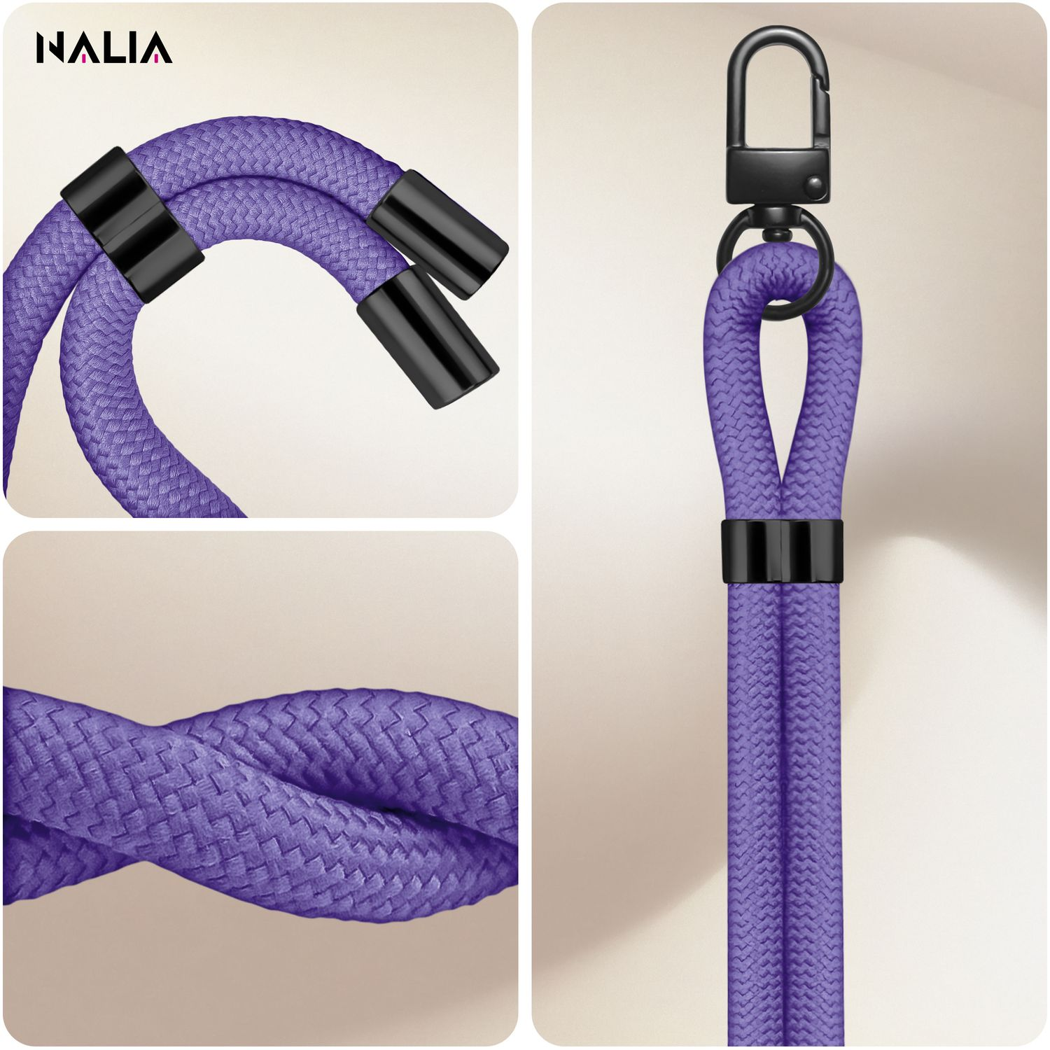 Nahaufnahme eines lila Telefon-Umhängebands. Enthält Details des Kords und Verschlusses.
