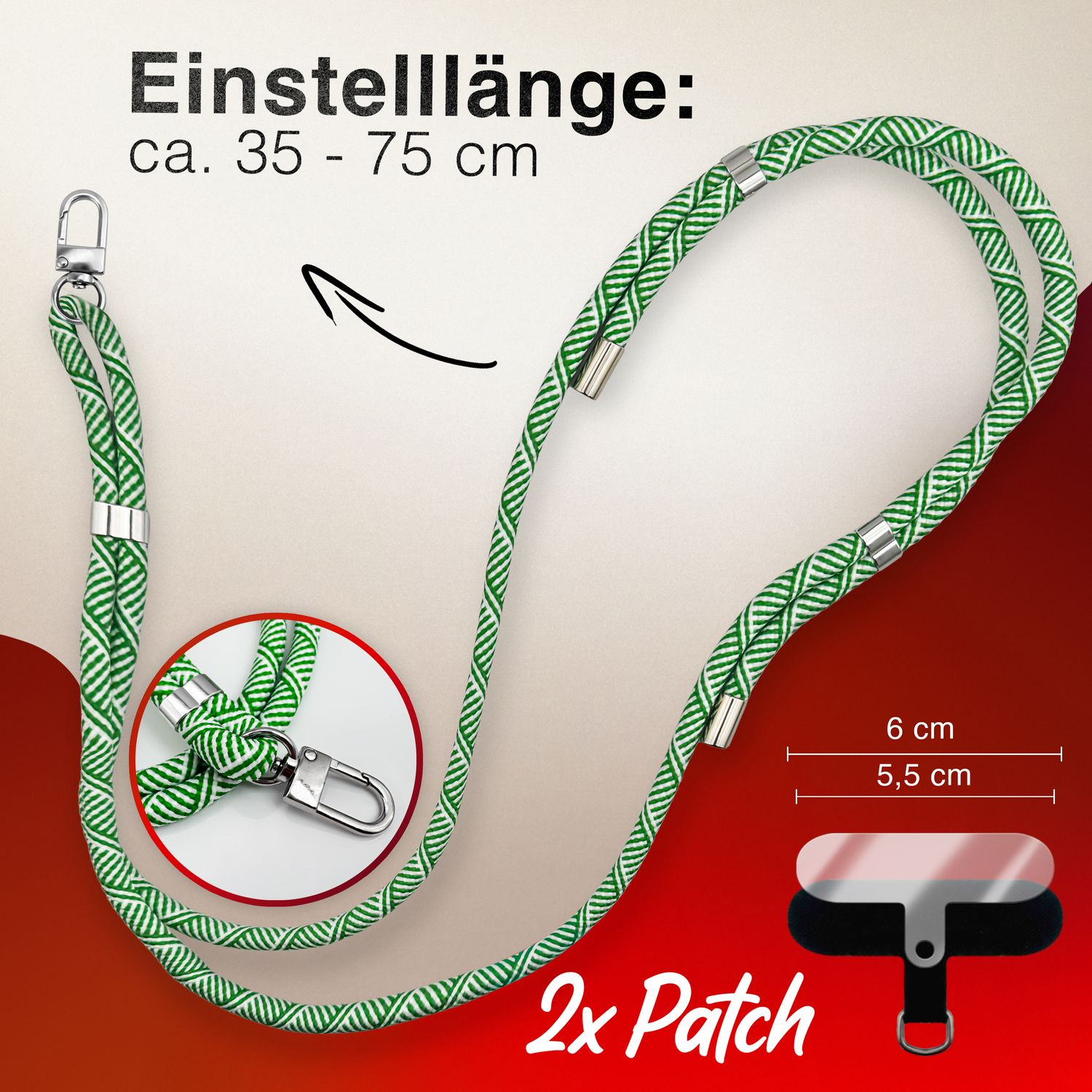 Grünes und weißes Telefonband. Enthält Text, Pfeile und Abmessungen.