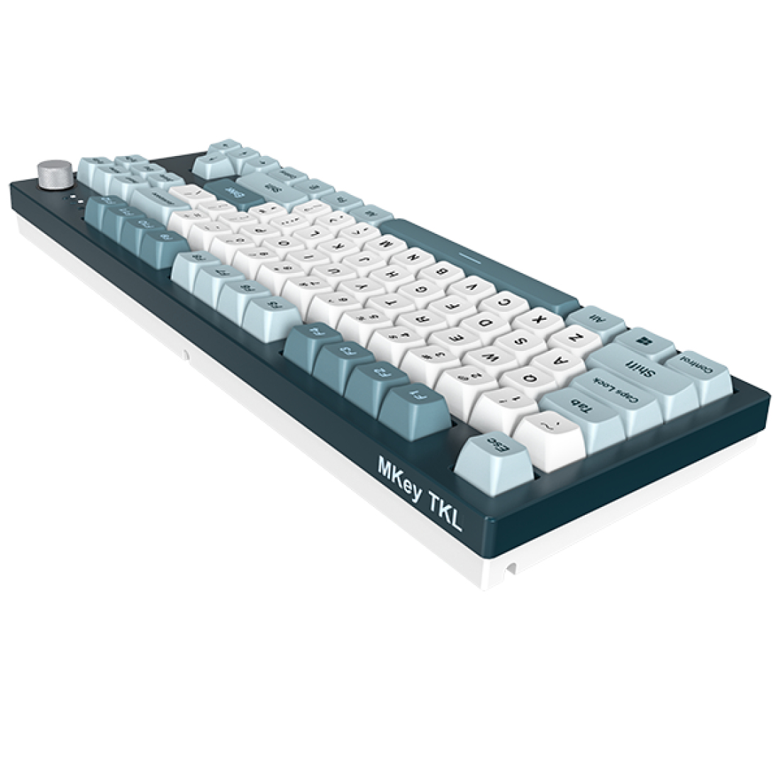 Een donker toetsenbord met witte en blauwe toetsen, met de merknaam 'MKey TKL'.