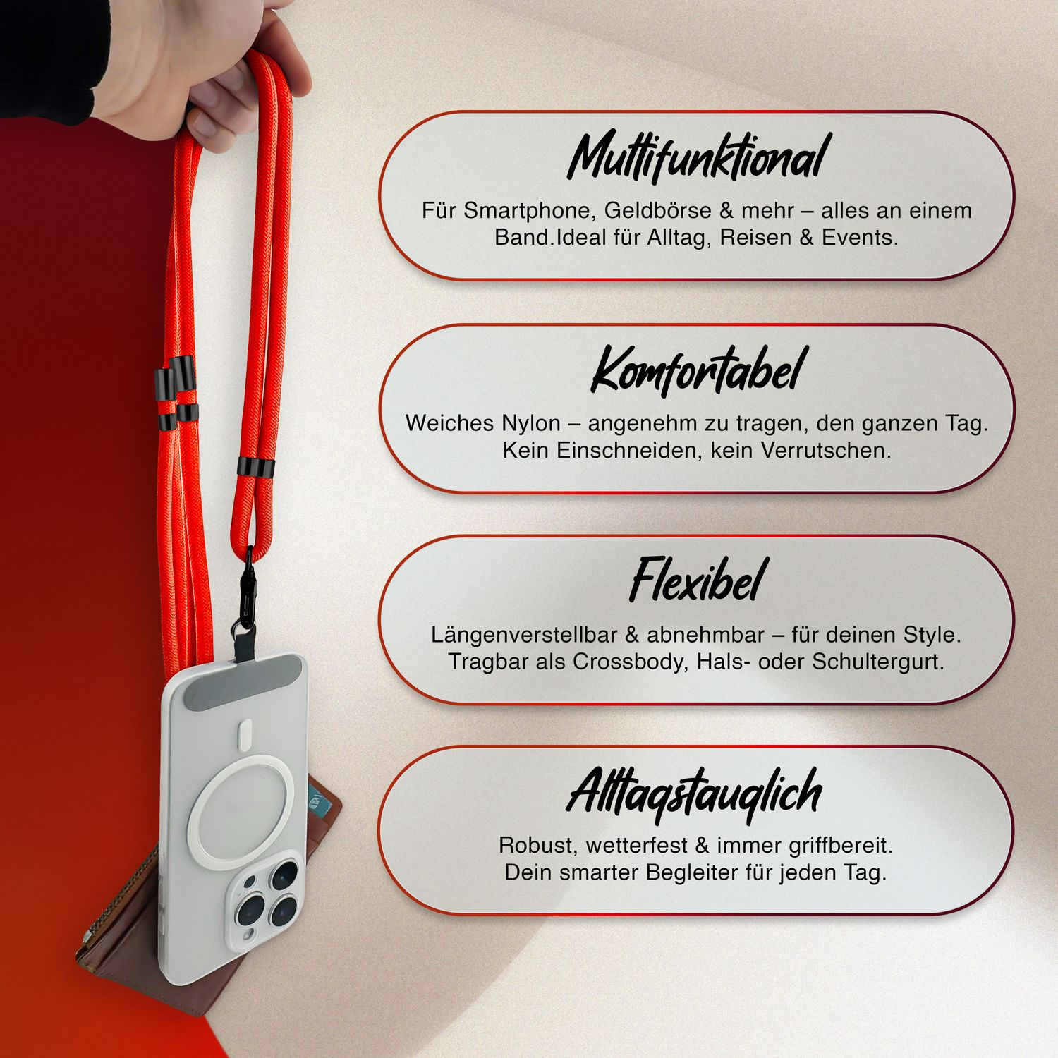 Rotes Schlüsselband mit weißer Handyhülle und braunem Portemonnaie, mit Text zu Funktionen.