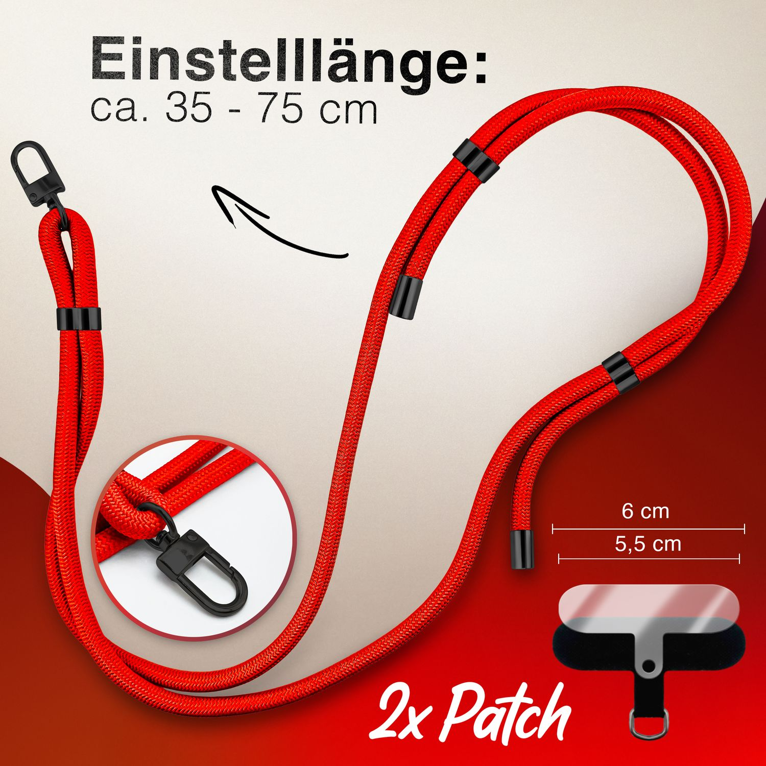 Ein rotes Schlüsselband mit schwarzen Akzenten und einem Telefonanschluss. Das Schlüsselband zeigt Maße und einen Patch.