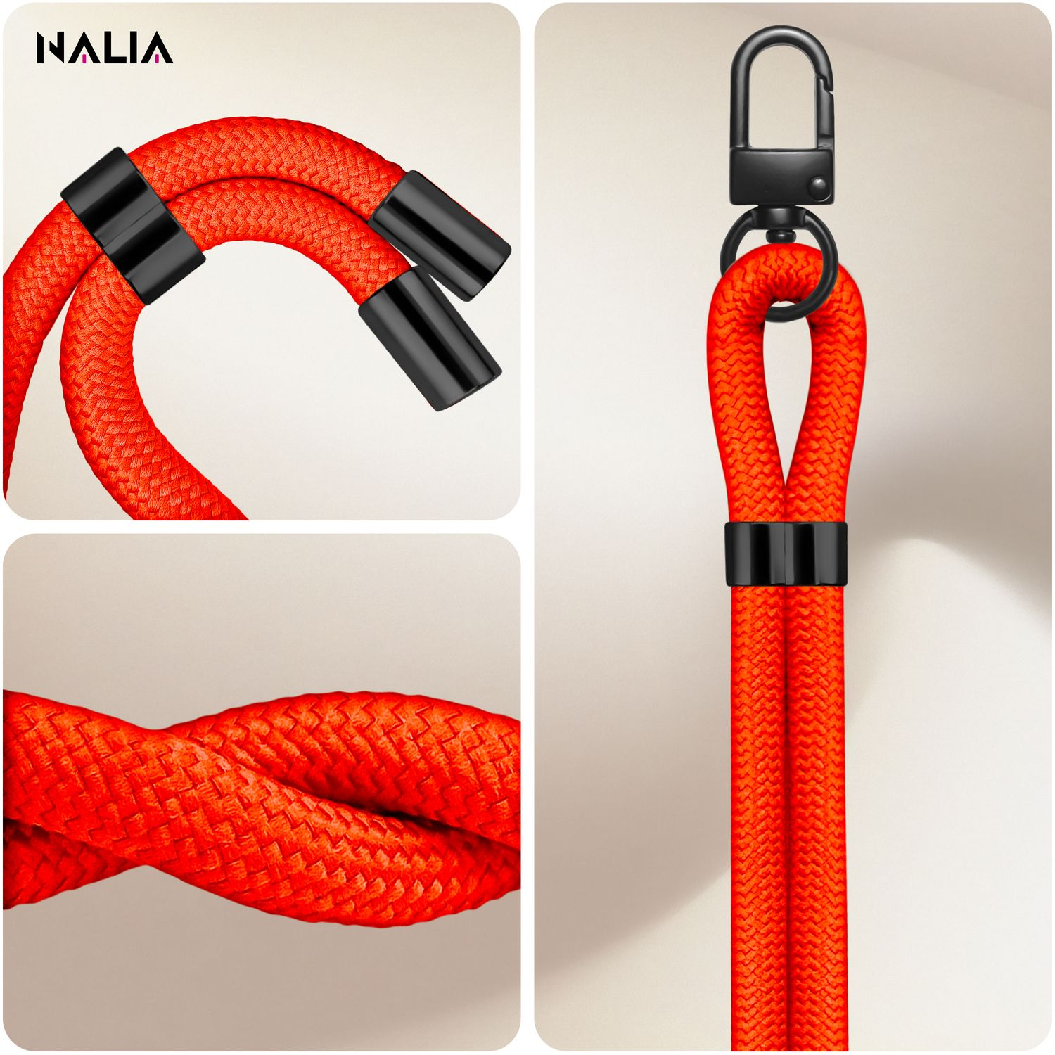 Rotes Telefon-Lanyard mit schwarzen Enden und Karabinerhaken. Nahaufnahmen.