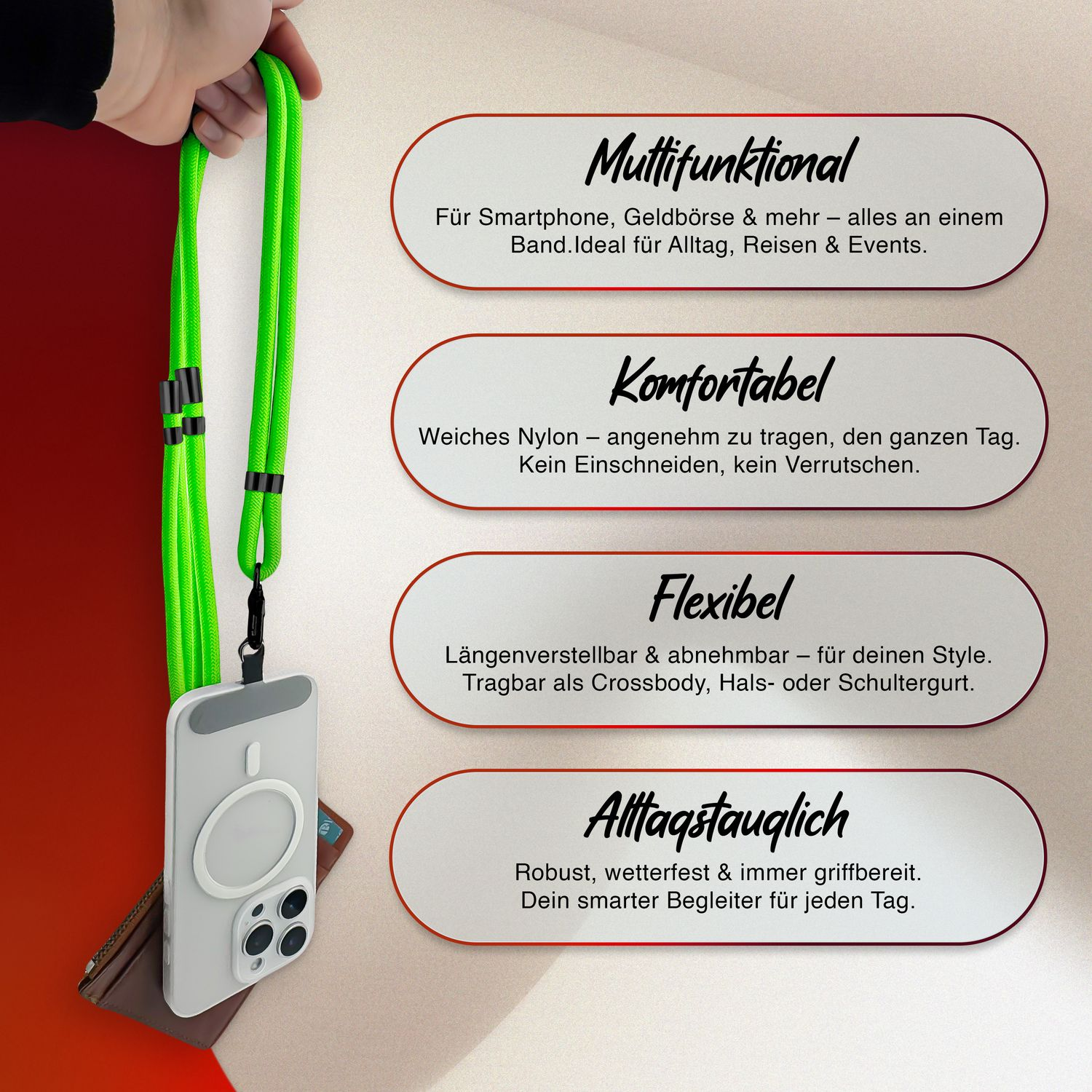 Eine Hand hält ein grünes Schlüsselband mit Telefon und Geldbörse. Text beschreibt Funktionen wie Multifunktionalität und Komfort.