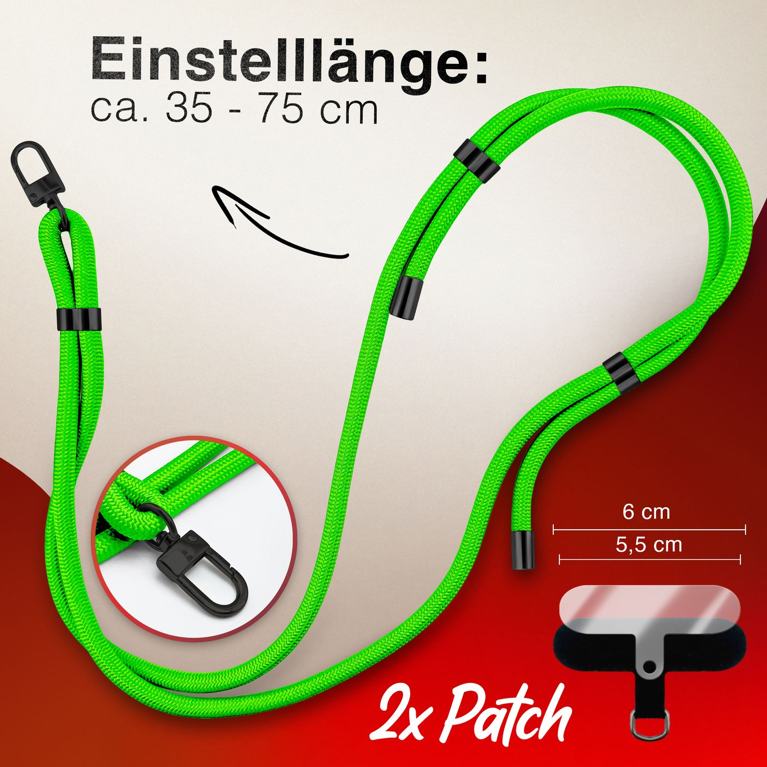 Grünes Telefon-Lanyard mit schwarzen Clips und 2x Patch, auf weißem Hintergrund.