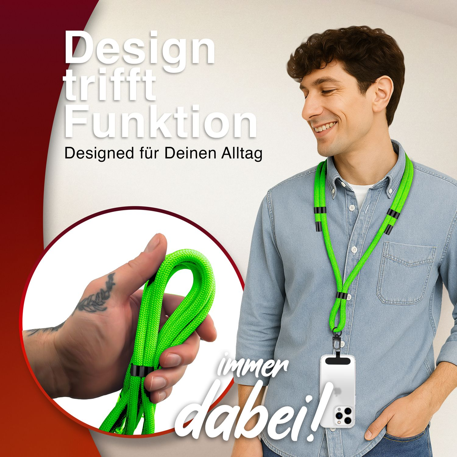 Ein Mann lächelt, während er ein grünes Telefon-Lanyard trägt. Eine Hand hält ein grünes Lanyard.