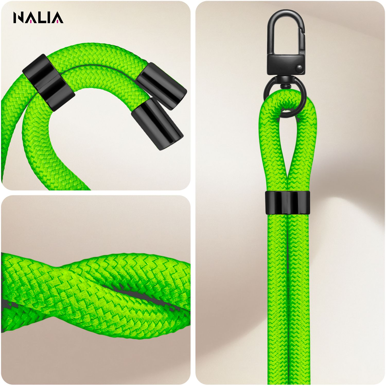 Nahaufnahme von grünem Neon-Telefonzubehör. Enthält ein Schlüsselband, ein Seil und einen Karabiner.