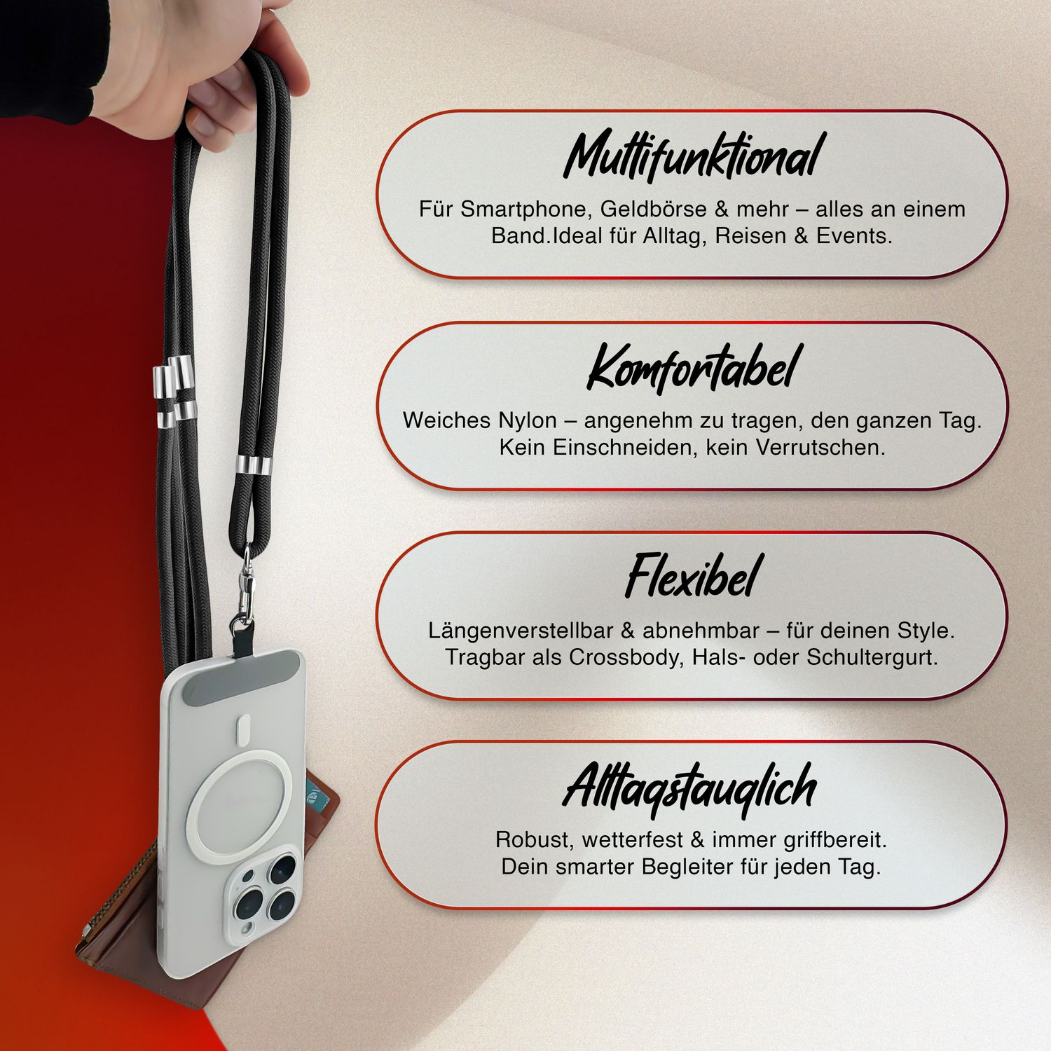 Eine Hand, die ein Telefon mit schwarzem Lanyard hält, mit Text, der Funktionen beschreibt.