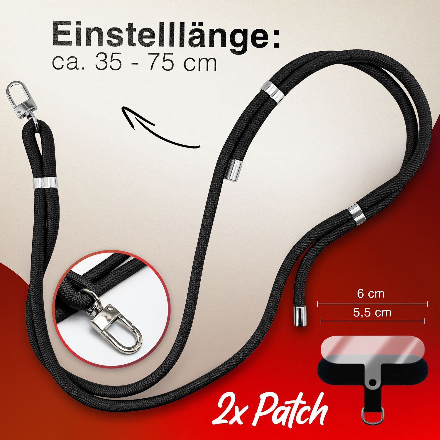 Schwarzes Telefon-Umhängeband mit verstellbarer Länge. Enthält Metallverschlüsse und einen Patch für die Telefonbefestigung.