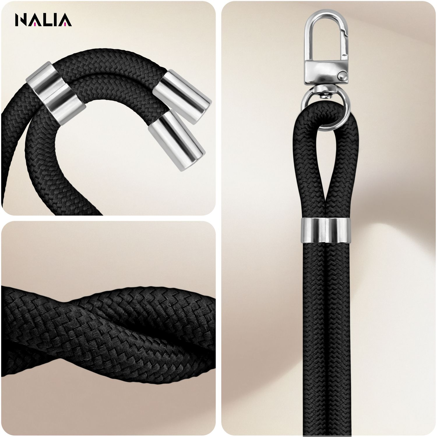 Nahaufnahme eines schwarzen Telefon-Lanyards mit metallischen Akzenten. Abschnitte zeigen das Seildetail und einen Verschluss.