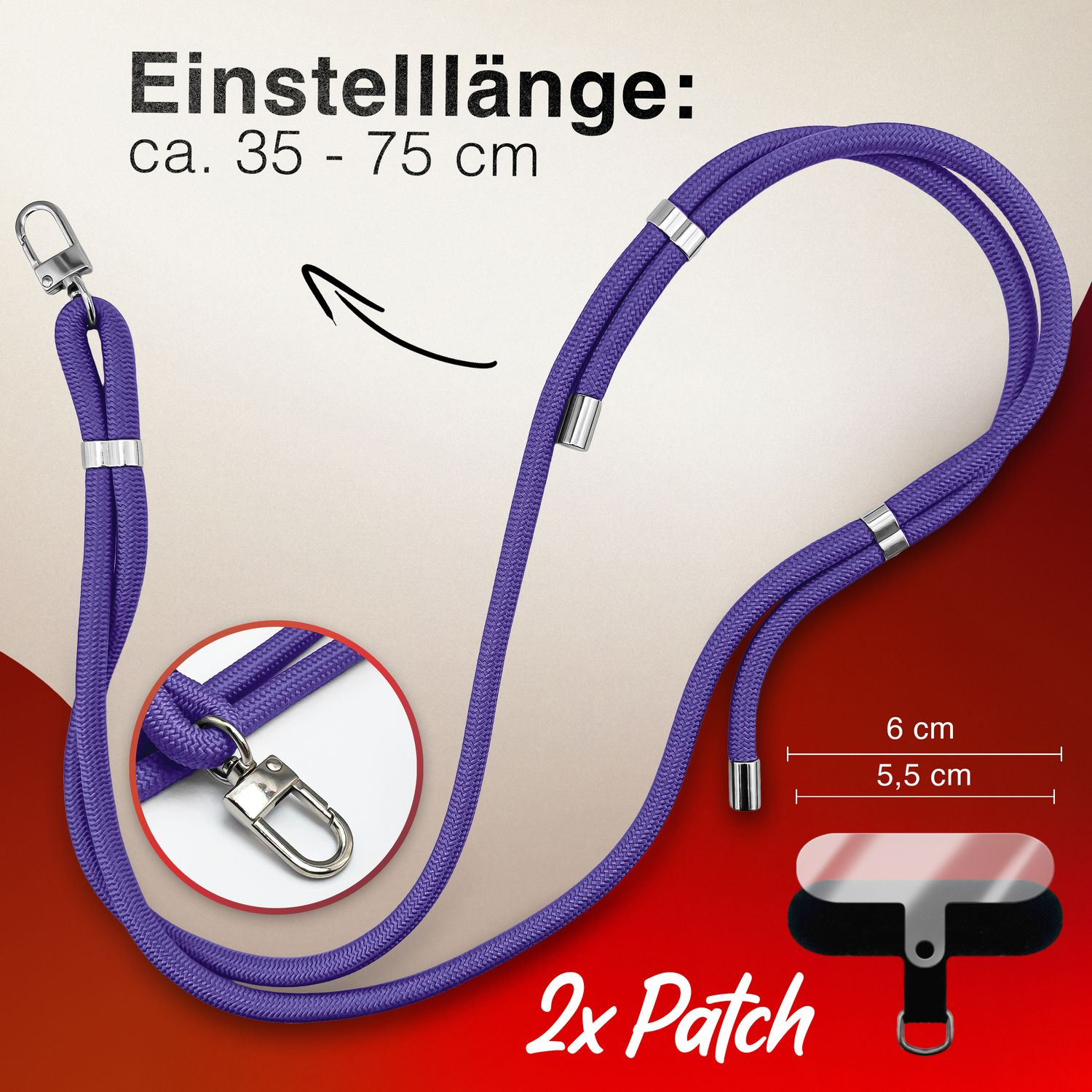 Lila Telefon-Lanyard mit schwarzen Clips und 2x Patch, auf weißem Hintergrund.