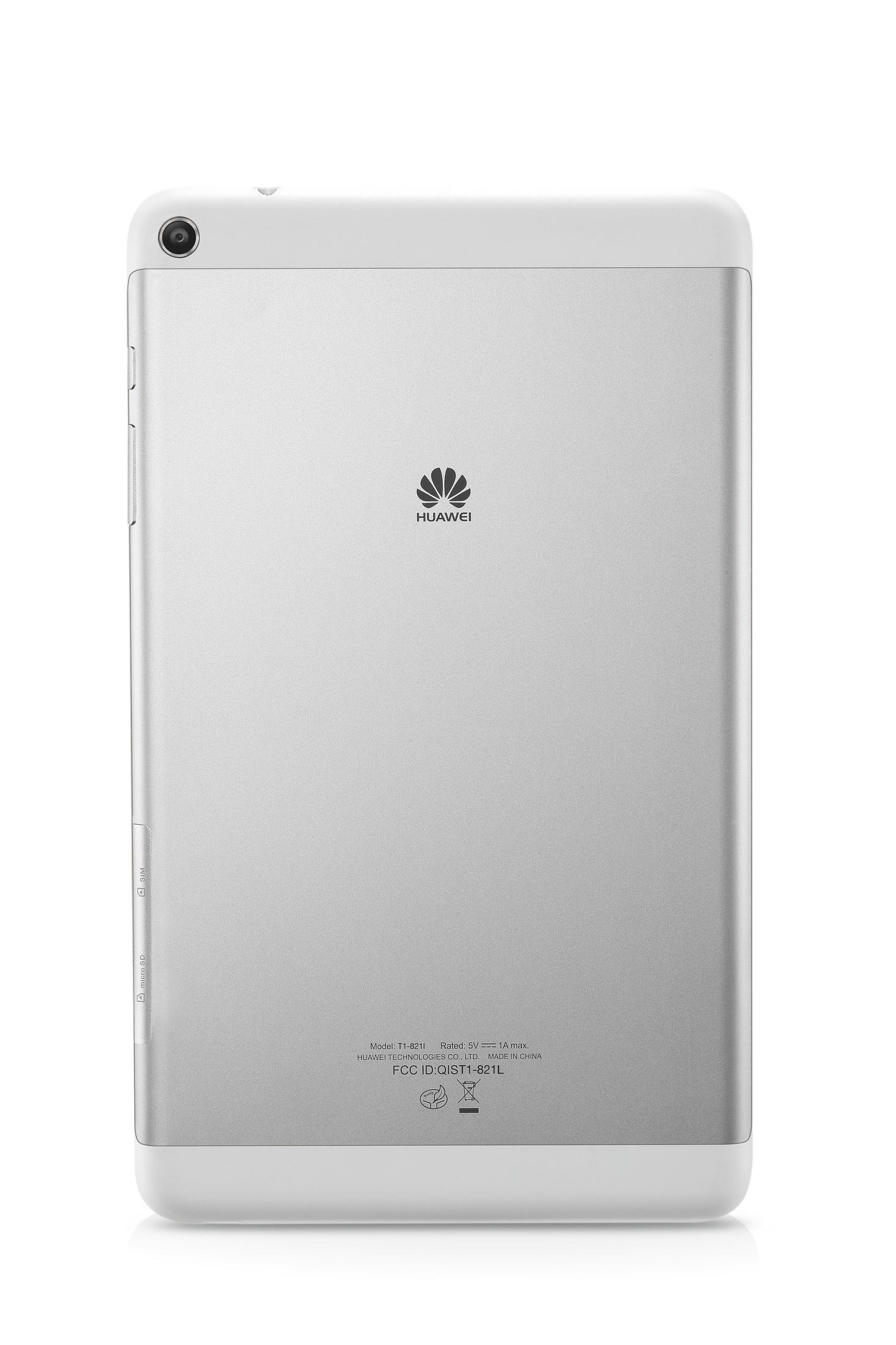 Rückseite eines silbernen Tablets mit Huawei-Logo und weißem Rahmen. Der Hintergrund ist weiß.