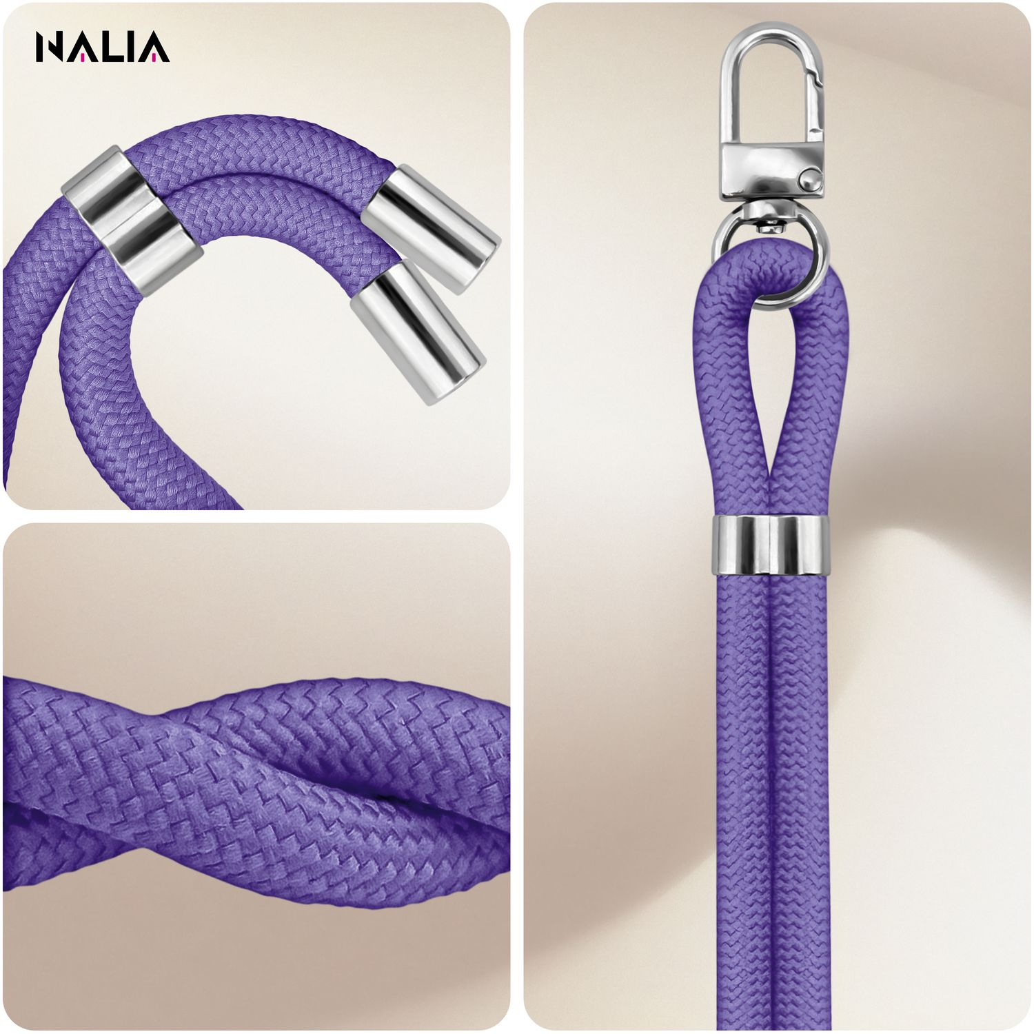 Nahaufnahme eines lila Schlüsselbands. Zeigt Metallakzente, detaillierte Seilstruktur und Verbindungen.
