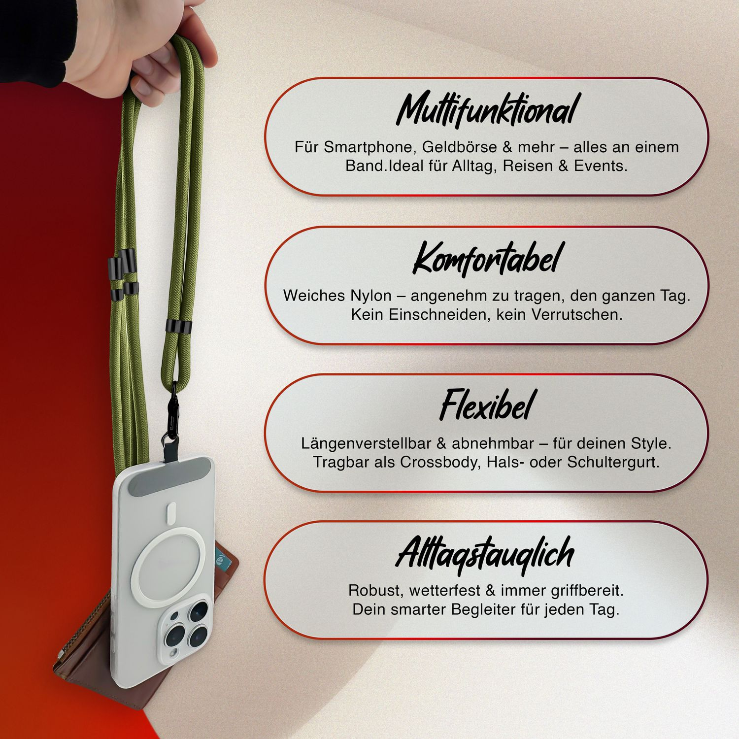 Grünes Schlüsselband mit Telefon. Beschreibung der Produkteigenschaften und Vorteile.