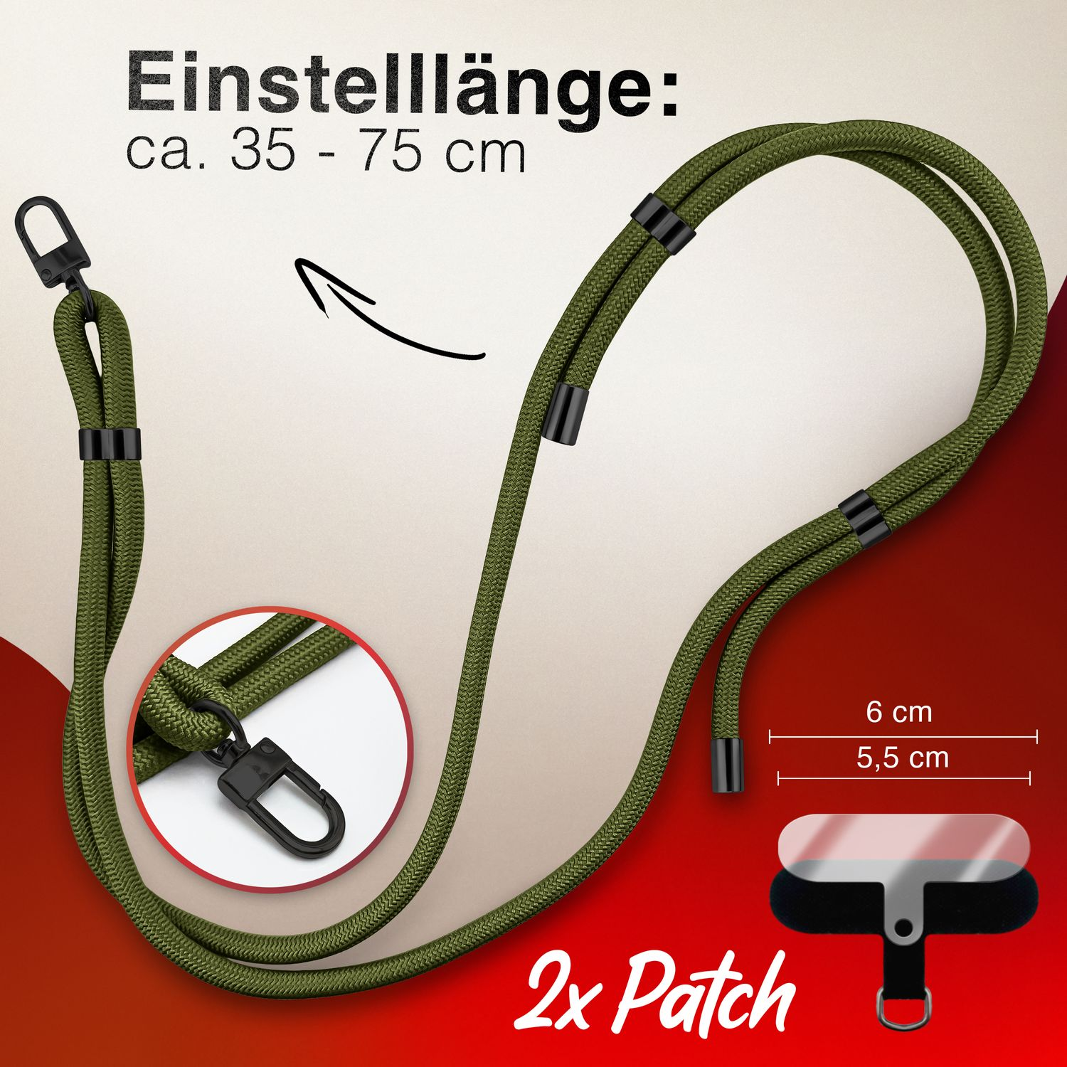 Olivgrünes Telefon-Umhängeband mit schwarzen Details und einem kleinen schwarzen Verschluss.