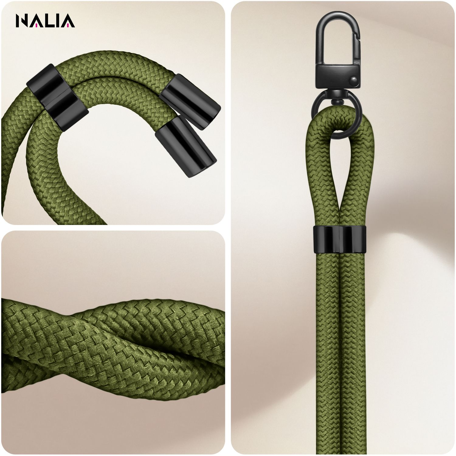 Grünes Telefon-Lanyard mit schwarzen Enden und Karabinerhaken. Nahaufnahmen.