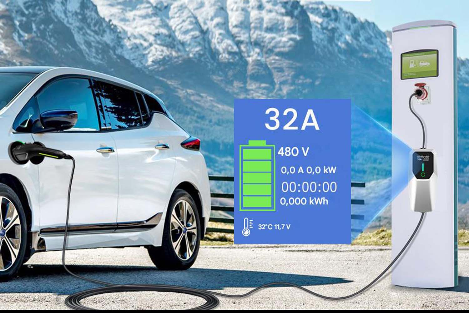 Biały samochód ładujący się na stacji, z wyświetlaczem pokazującym statystyki.