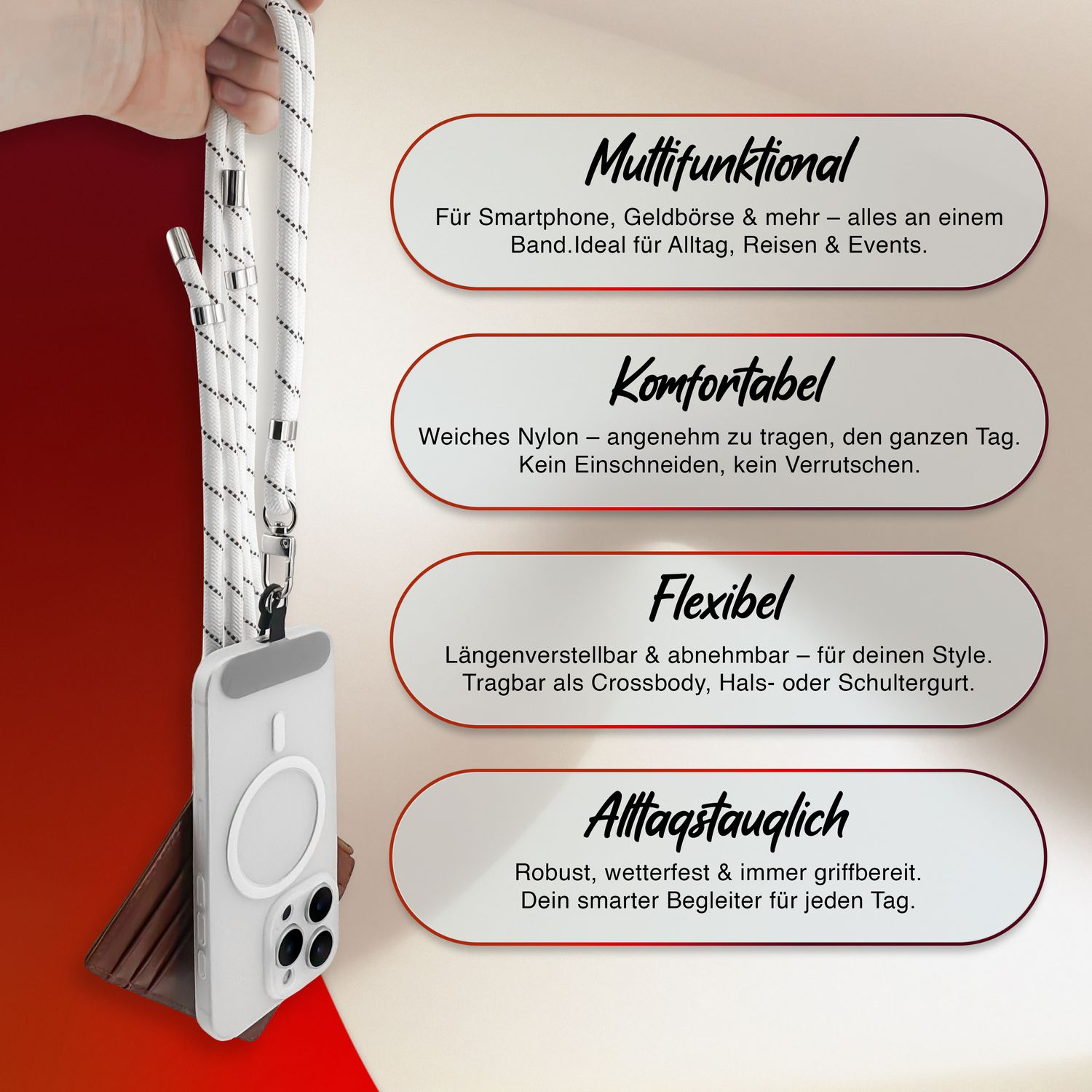 Handyhülle mit Lanyard. Text beschreibt Funktionen, weißer Hintergrund.