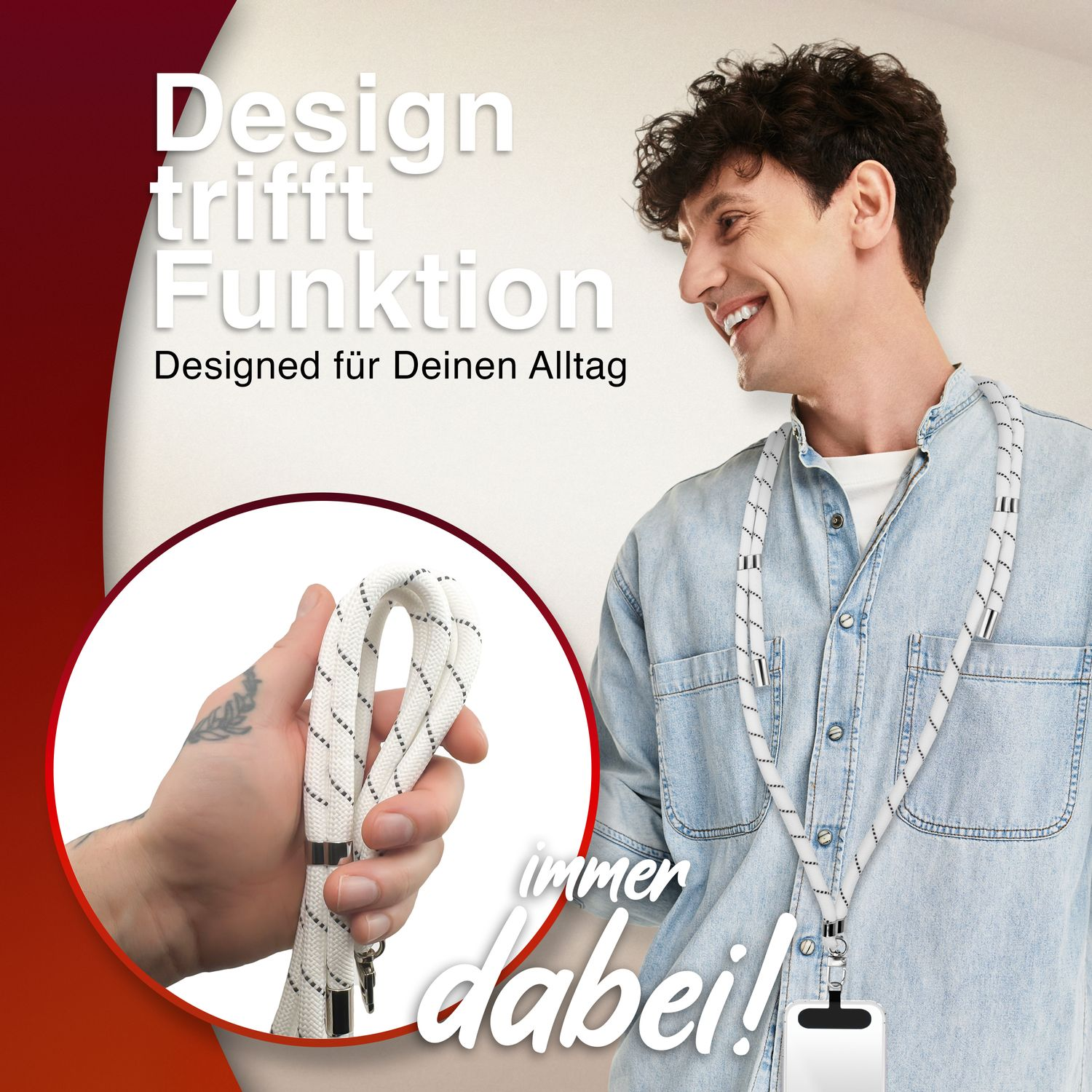 Mann hält ein weißes Seil. Text-Overlay. Der Mann trägt ein Jeanshemd.