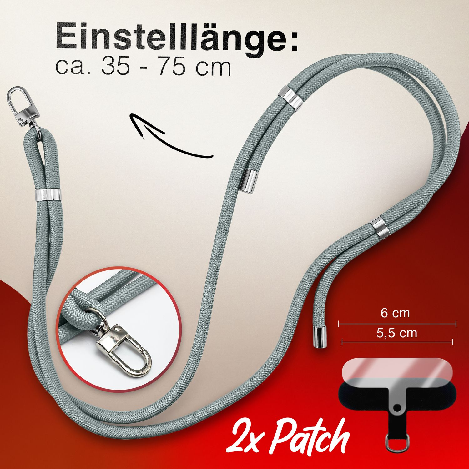 Ein graues Telefon-Lanyard mit Metallverschluss und Maßen sowie ein schwarzer Aufnäher mit D-Ring.