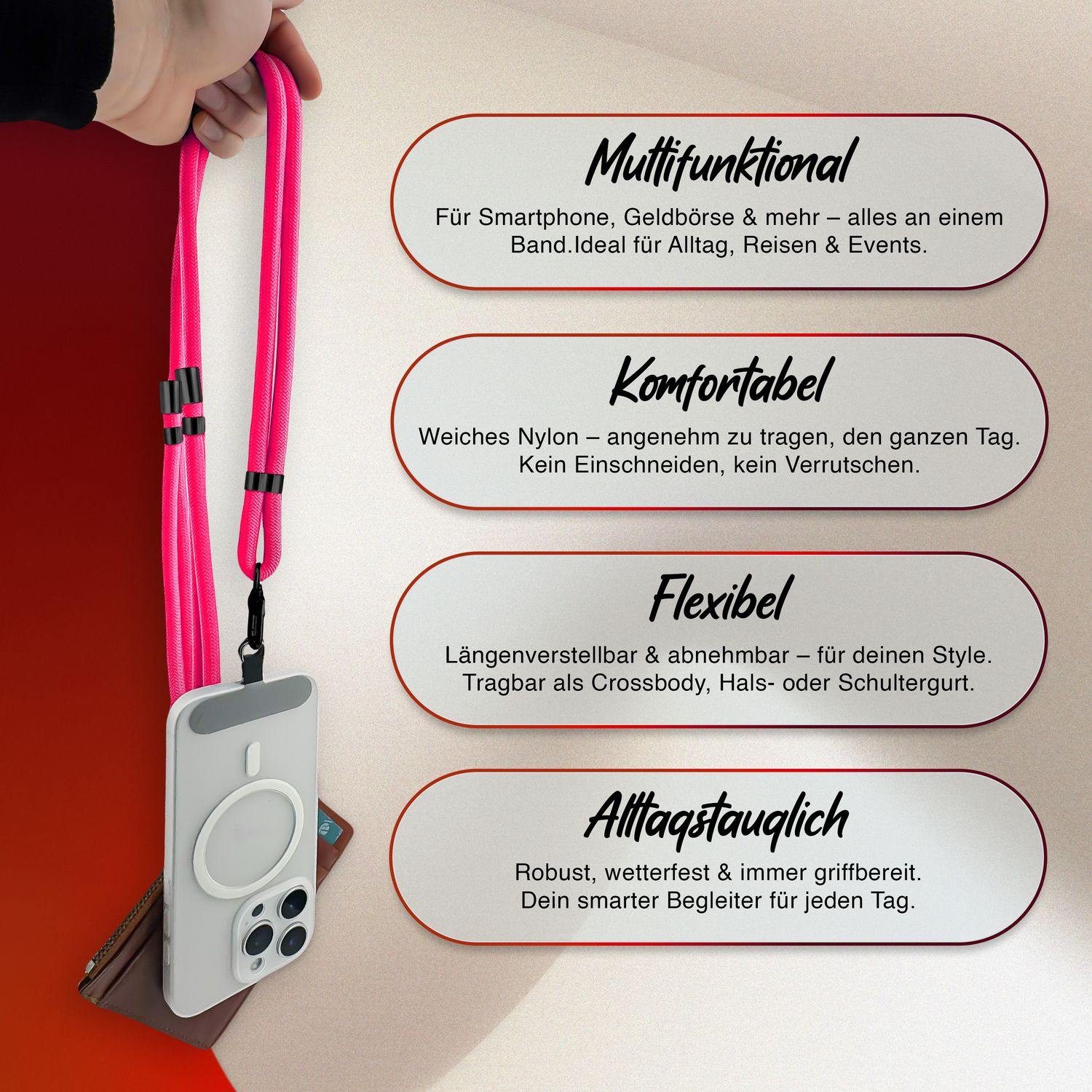 Eine Person hält ein pinkfarbenes Telefon-Lanyard mit einem Telefon und einer Geldbörse, mit Informationstexten.