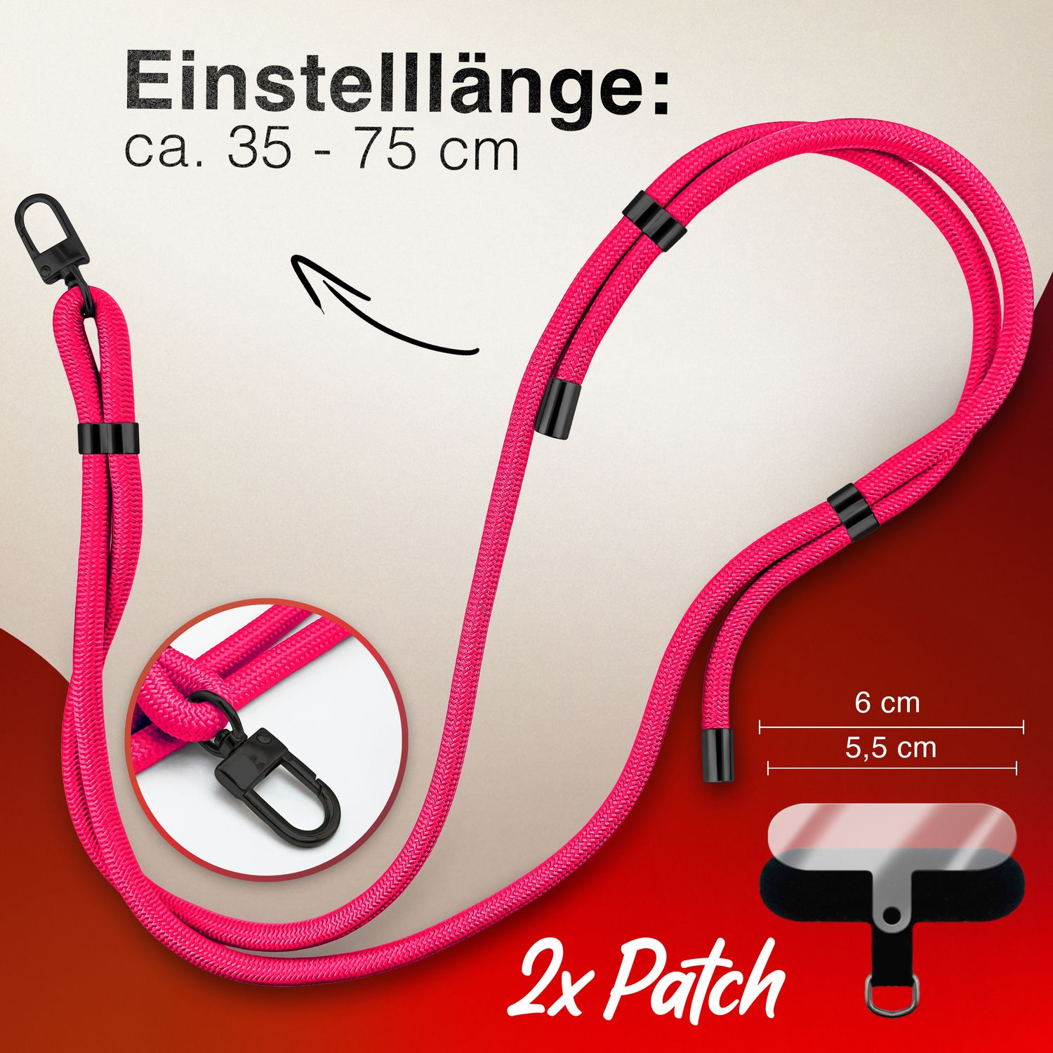 Rosa Telefon-Lanyard mit schwarzen Akzenten. Zeigt Länge, Anschlüsse und das 2x Patch-Zubehör.