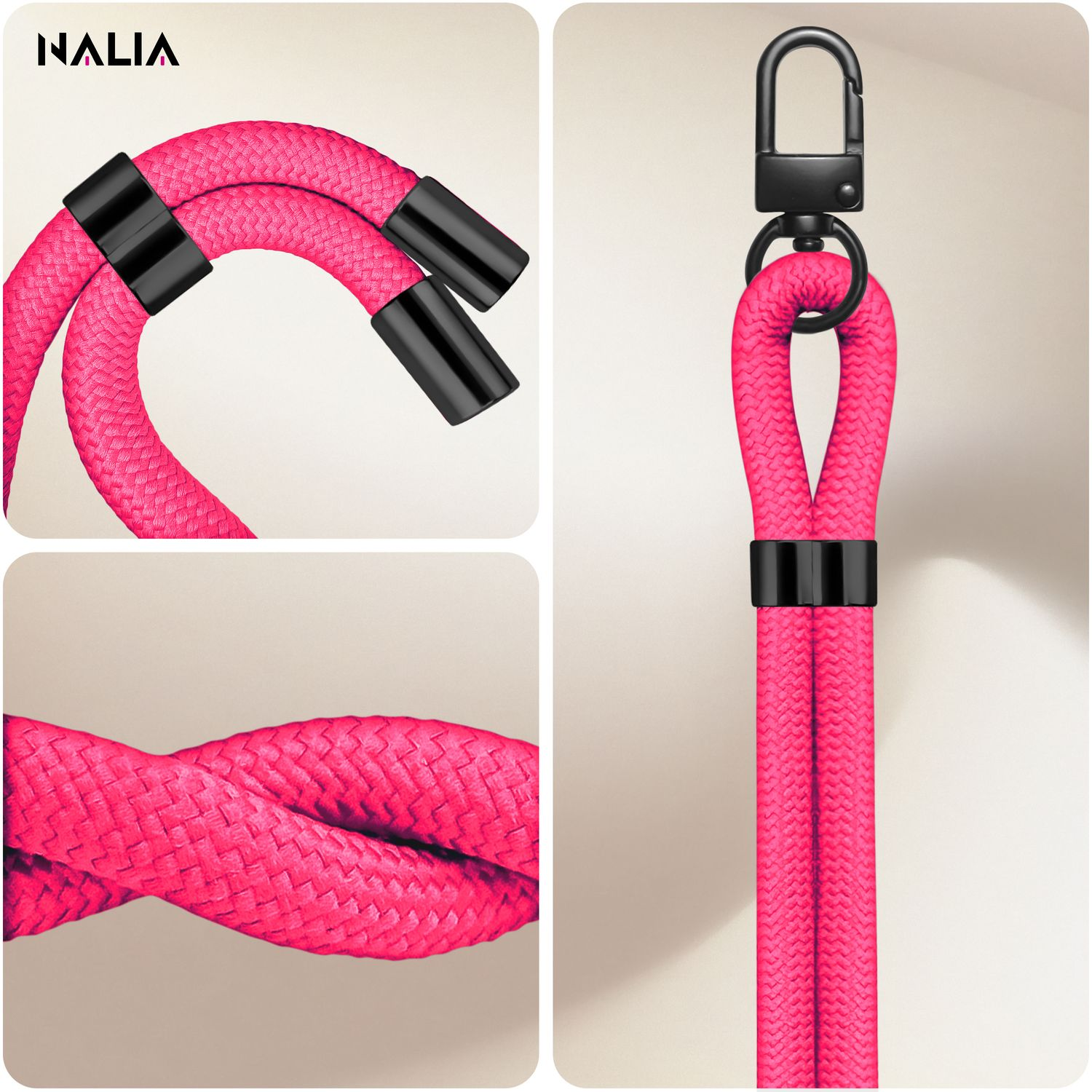 Nahaufnahmen eines pinkfarbenen Telefon-Lanyards mit schwarzen Details und einem schwarzen Verschluss.