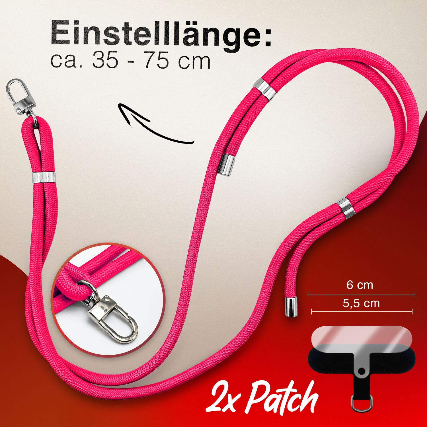 Pinkfarbener Handyriemen, silberne Verschlüsse. Text: Einstellbare Länge 35-75cm. 2xPatch enthalten.