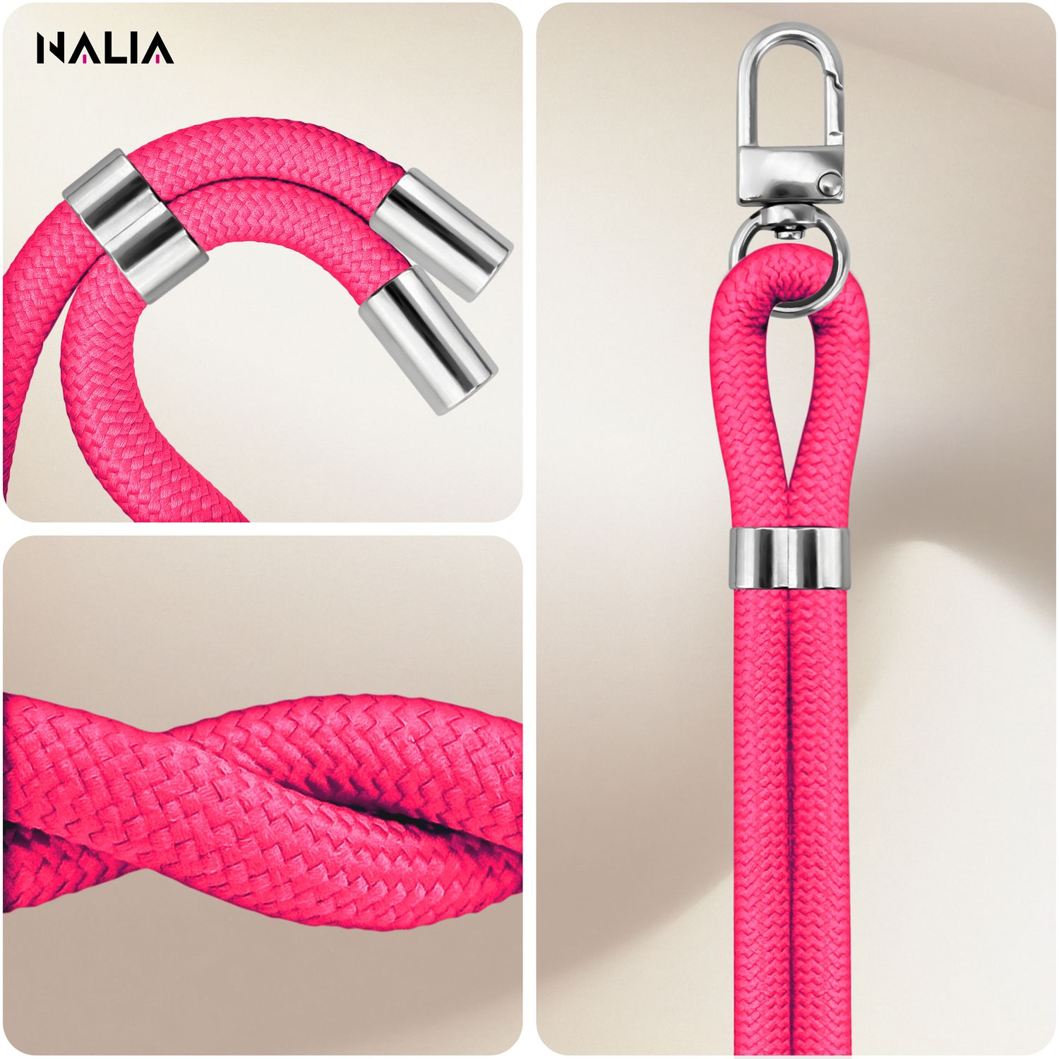Nahaufnahmen eines rosa Telefon-Lanyards. Zeigt die Details des Kabels und die Anschlüsse.