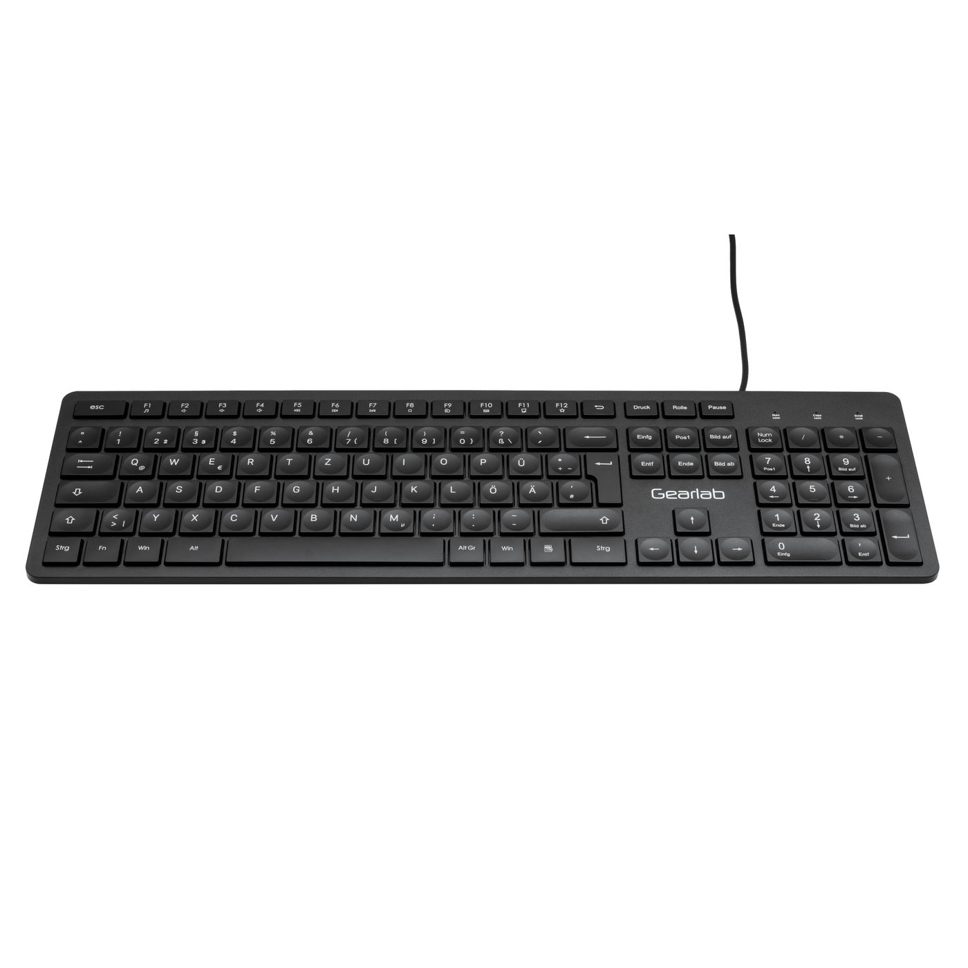 Tastiera Gearlab nera con tasti bianchi. Layout QWERTY, con tasti funzione e tastierino numerico.