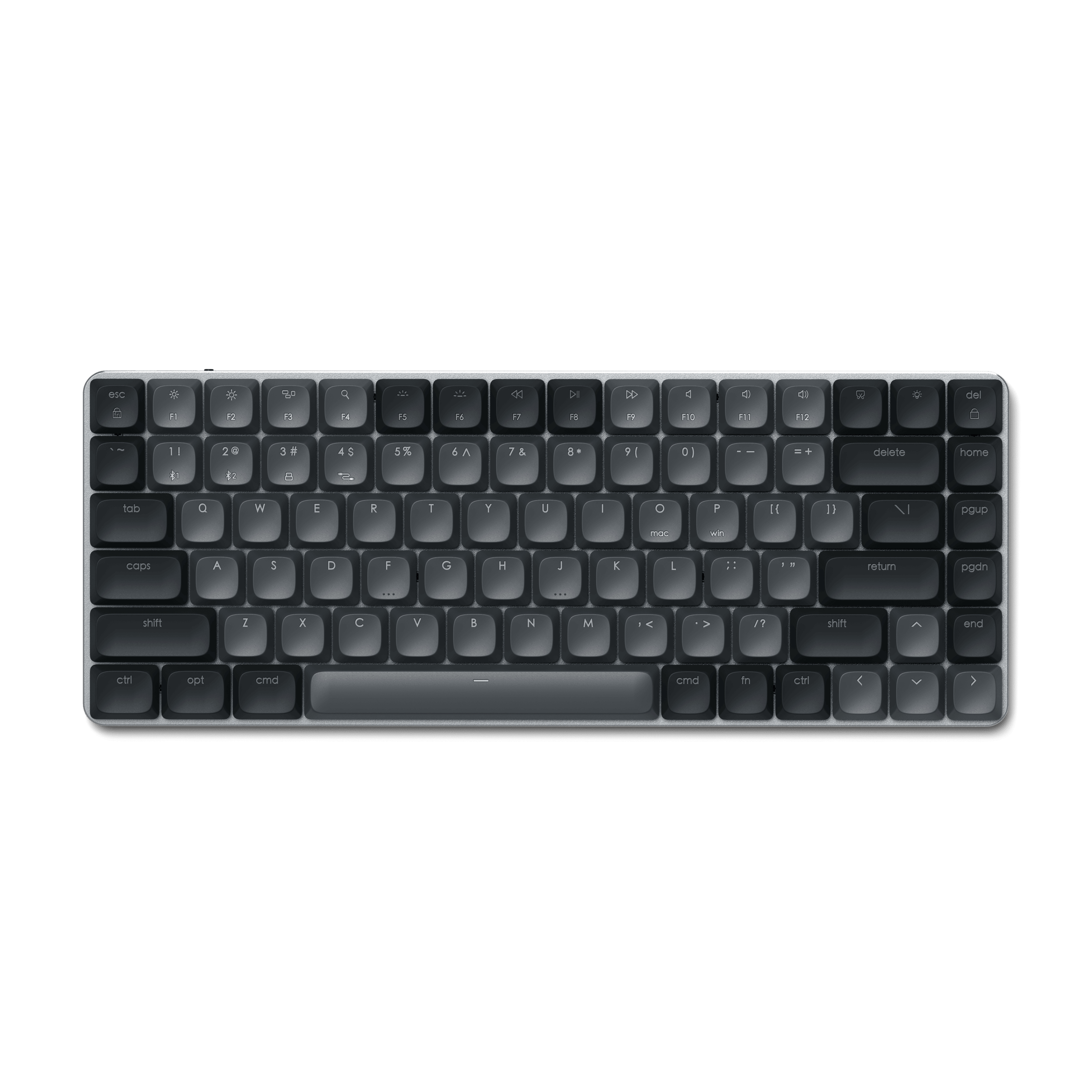 Schwarze Tastatur mit grauen Tasten. Kompakte Größe, weißer Hintergrund. Mit Cmd-Taste.