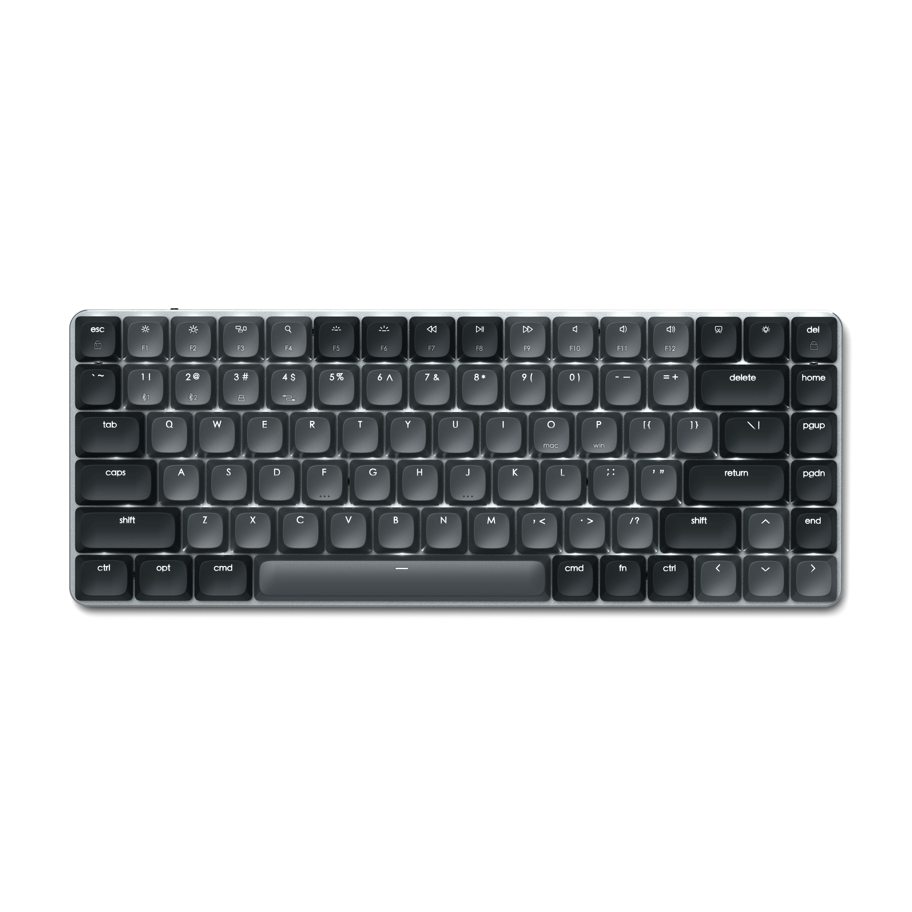 Schwarze Tastatur mit grauen Tasten, weißer Hintergrund.