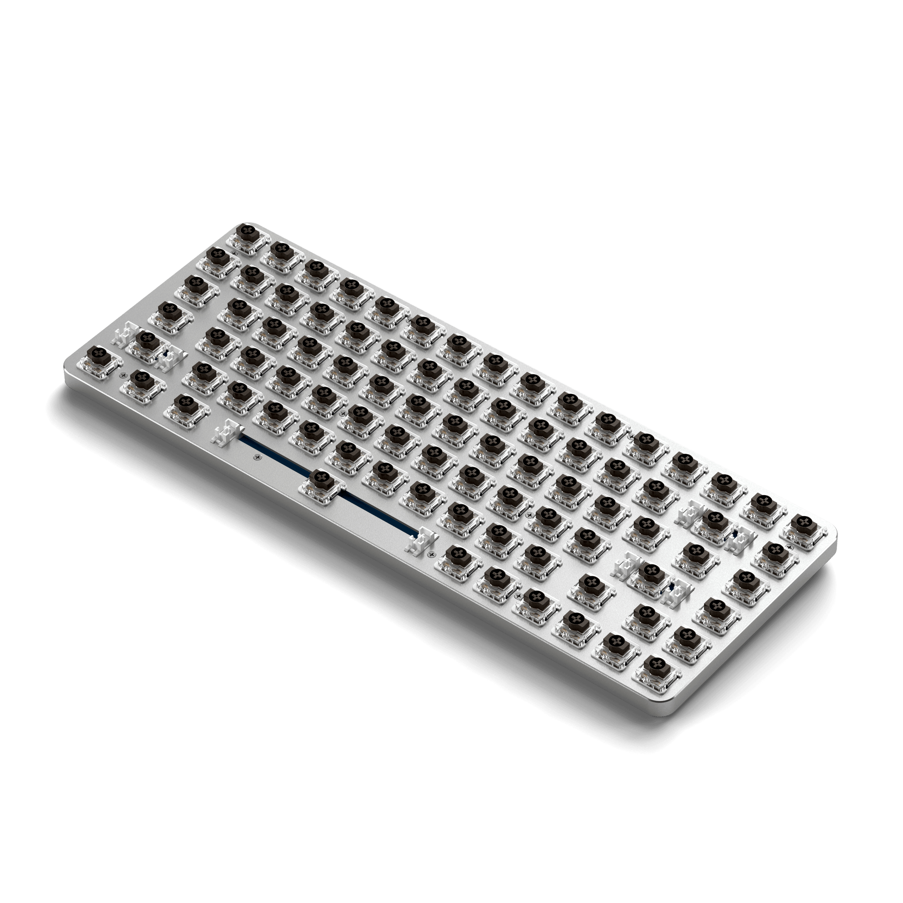 Tastatur mit allen Tasten aus dem Rahmen entfernt. Es ist silberfarben.